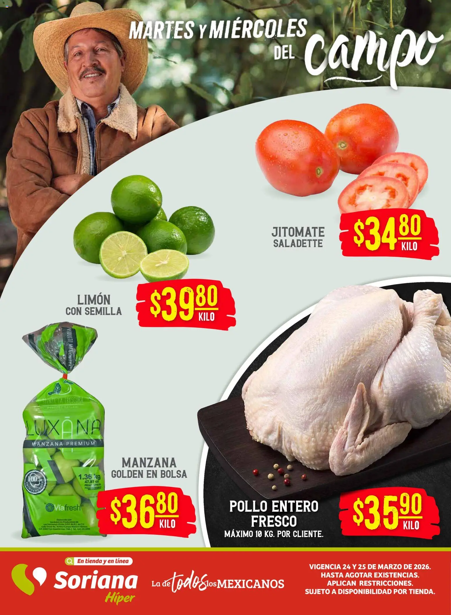 Vista previa las ofertas de la tienda Soriana - Soriana Martes y Miércoles del Campo Híper: BCS, Son y Sin desde el 24/03/2026 - Pollo, Manzana, Bolsa, Limón