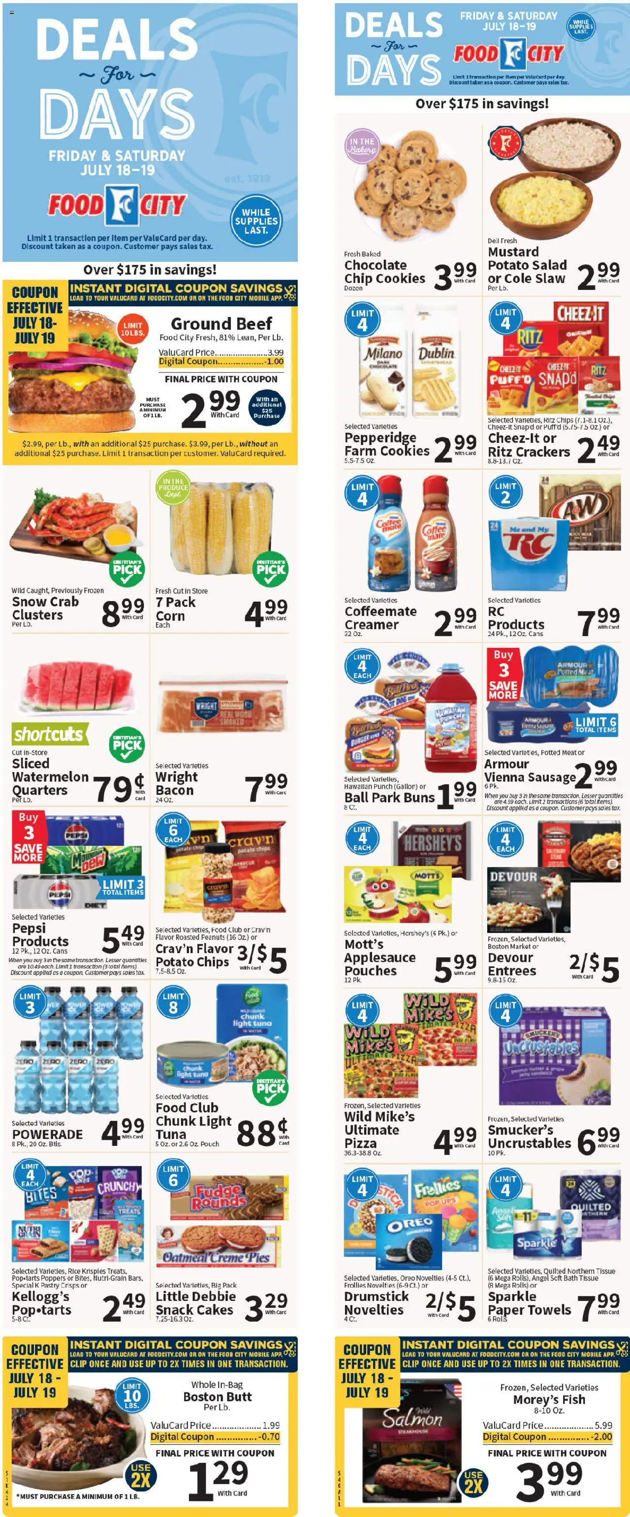 Food City Weekly Ad from 07/16/2025 - Flyer - Page number 1 - Bakery, Meat, Chocolate, Fish, Beef, Bacon, Cookies, Tuna