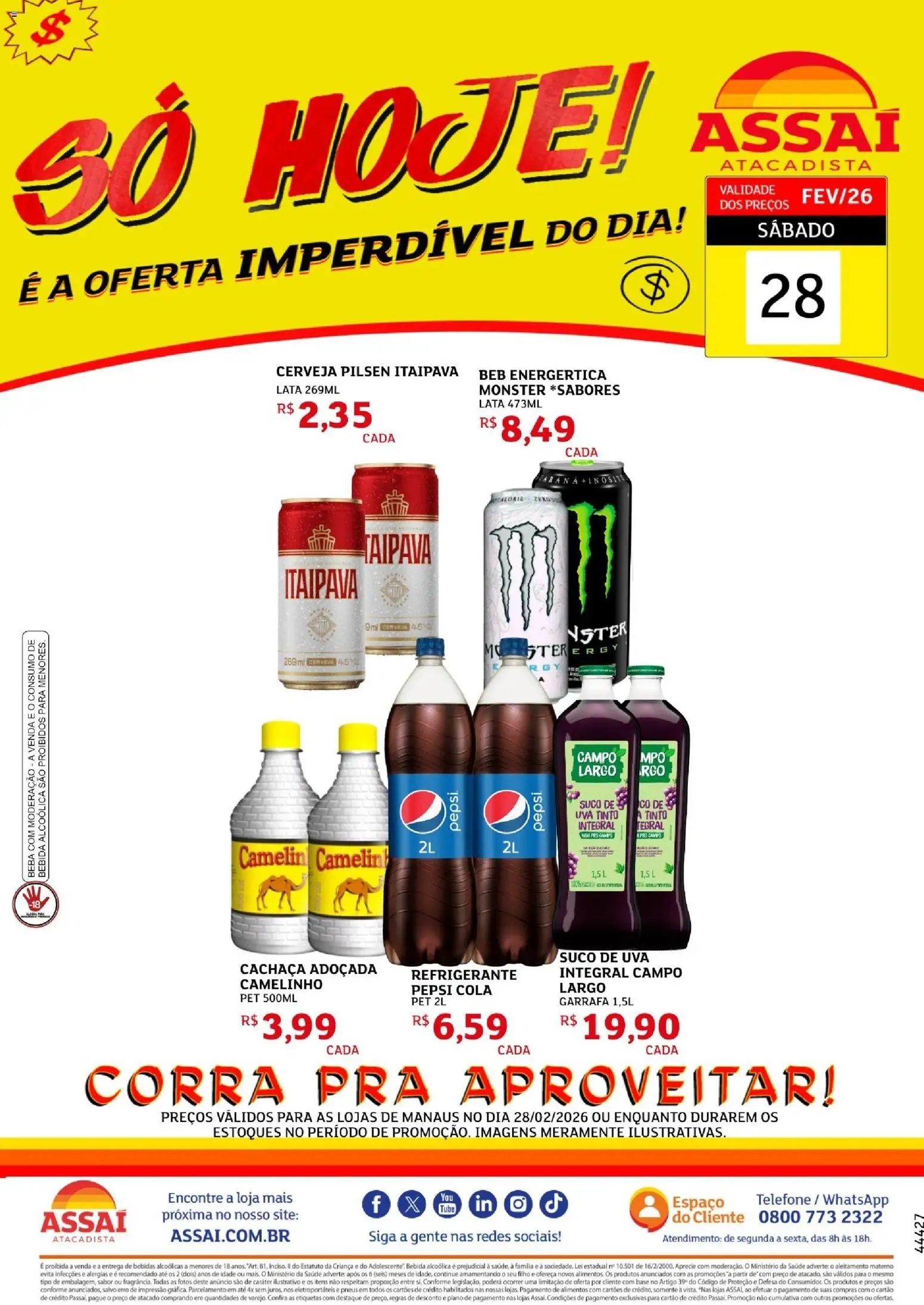 Pré-Visualização do folheto "Assaí Atacadista ofertas - AM" da loja Assaí Atacadista válido a partir de 28/02/2026 - Monster, Uva, Bebidas, Bebida, Suco, Refrigerante, Cola, Alimentos