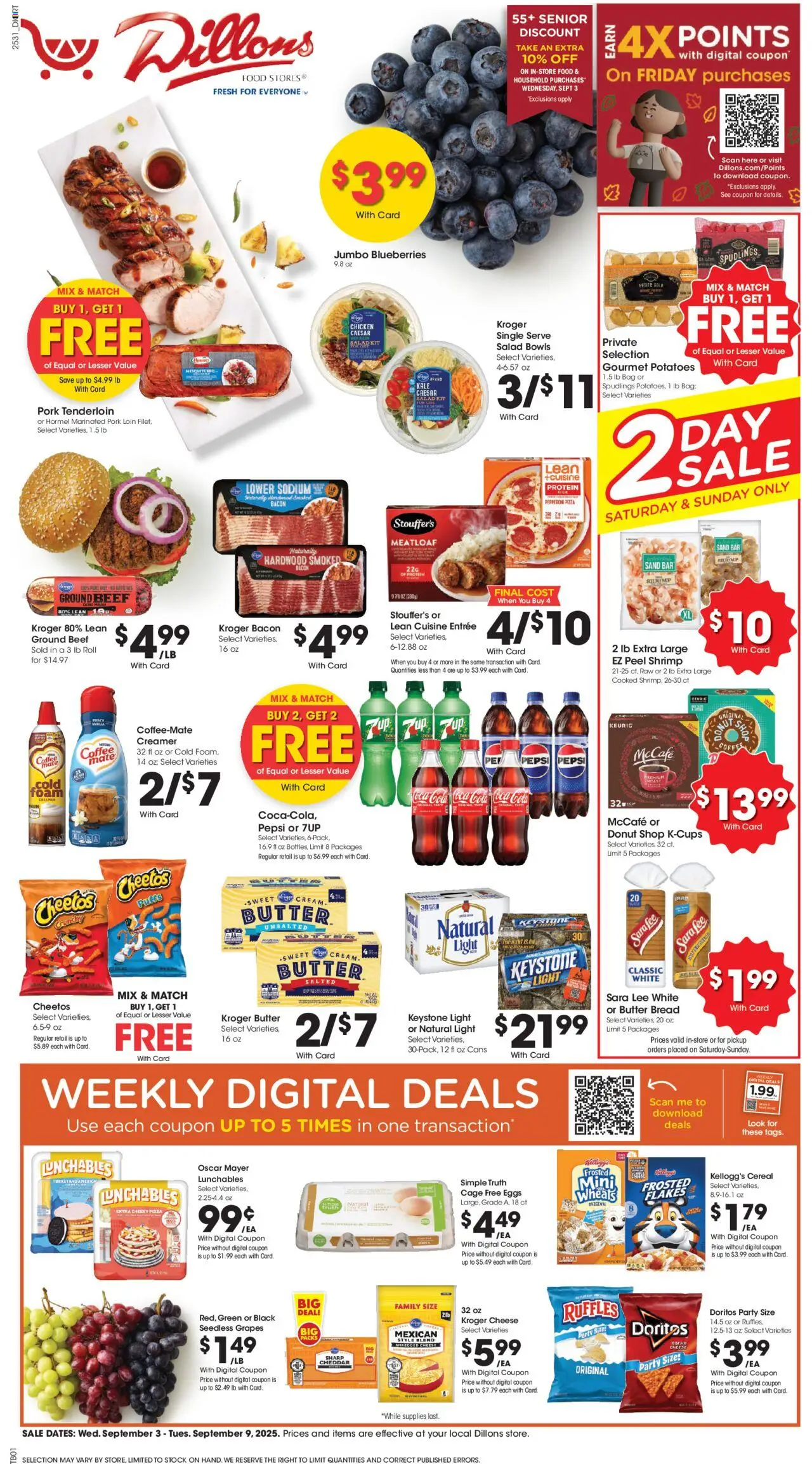 Dillons Weekly Ad from 09/03/2025 - Flyer - Page number 1 - Pizza, Salad, Blueberries, Pepsi, Grapes, Pork, Pork tenderloin, Seedless grapes