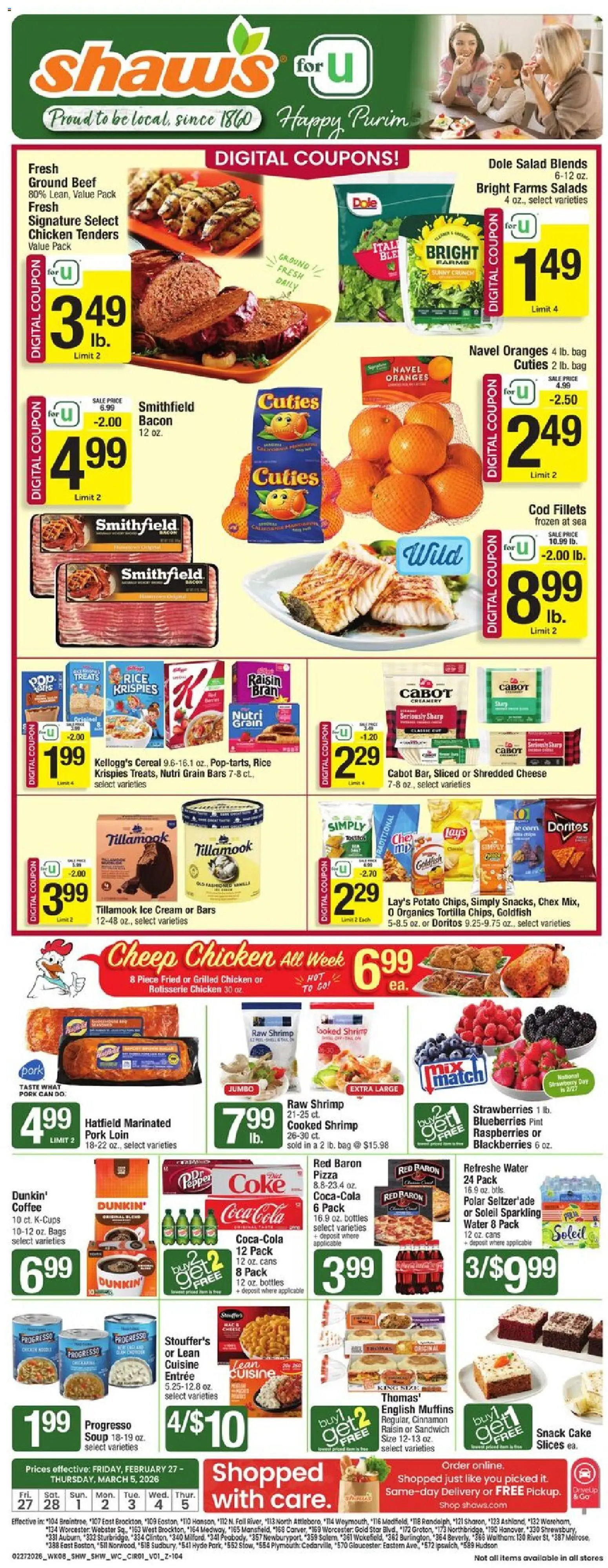 Ad Preview of Shaw's Weekly Ad from 02/27/2026 - Coffee, Cheese, Blueberries, Cereal, Rice, Raspberries, Bag, Cream