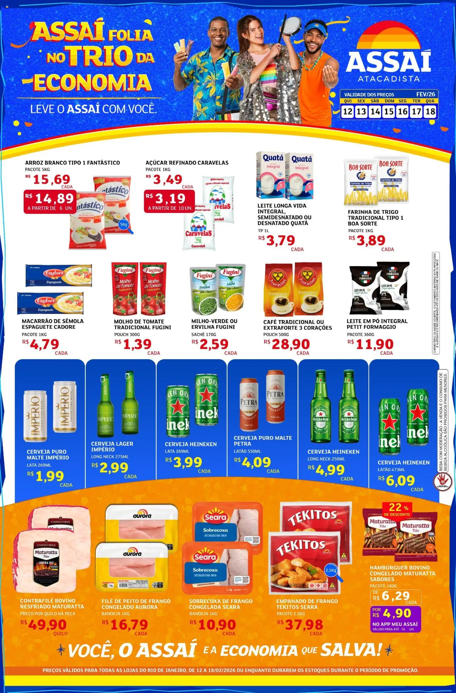 Pré-Visualização do folheto "Encarte" da loja Assaí Atacadista válido a partir de 12/02/2026 - Heineken, Macarrão, Cerveja Heineken, Frango, Açúcar, Farinha de trigo, Molho de tomate, Macarrão de sêmola