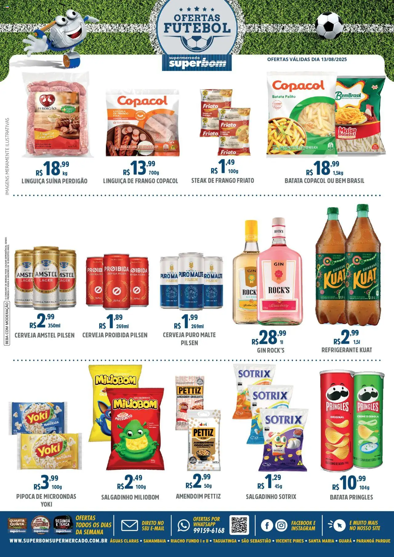 Superbom folheto "Ofertas Futebol" válido a partir de 13/08/2025 - número de página 1 - Cerveja, Gin, Amendoim, Carne, Batata, Creme, Cebola, Linguiça