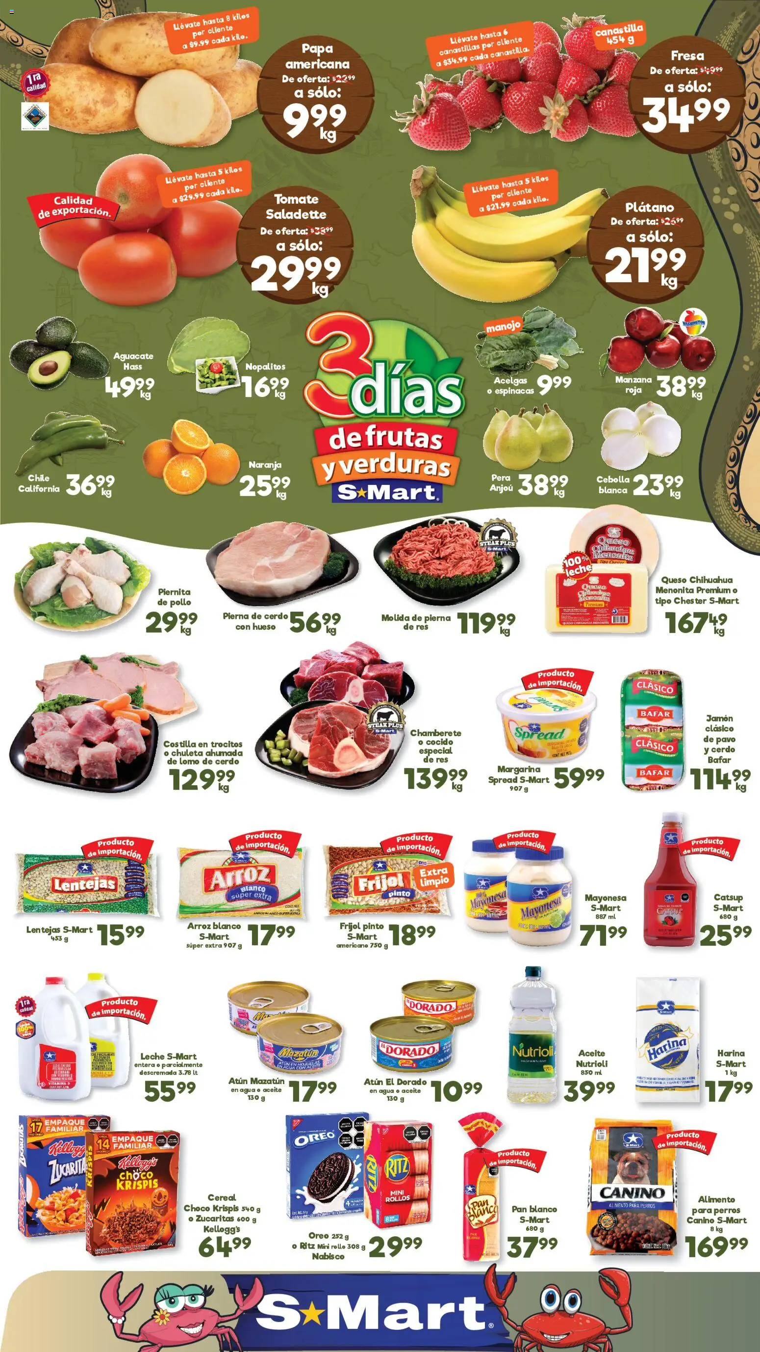 Vista previa las ofertas de la tienda S-Mart - Folleto Juárez desde el 17/02/2026 - Manzana, Verduras, Chile, Espinacas, Aceite, Mayonesa, Chuleta ahumada, Hojuelas