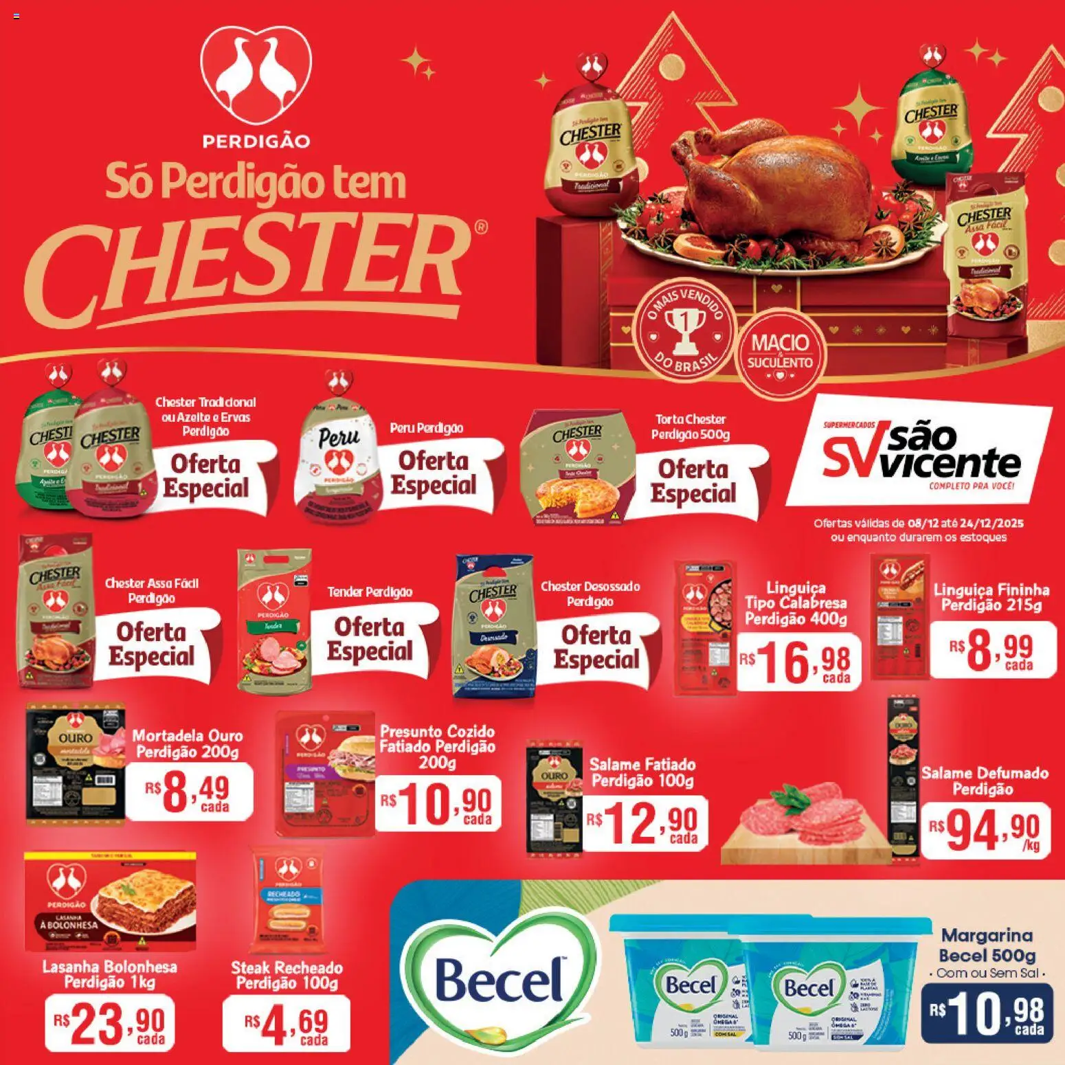 Pré-Visualização do folheto "Ofertas Perdigão" da loja Supermercados São Vicente válido a partir de 08/12/2025 - Peru, Lasanha, Sal, Salame, Mortadela, Presunto, Margarina, Steak