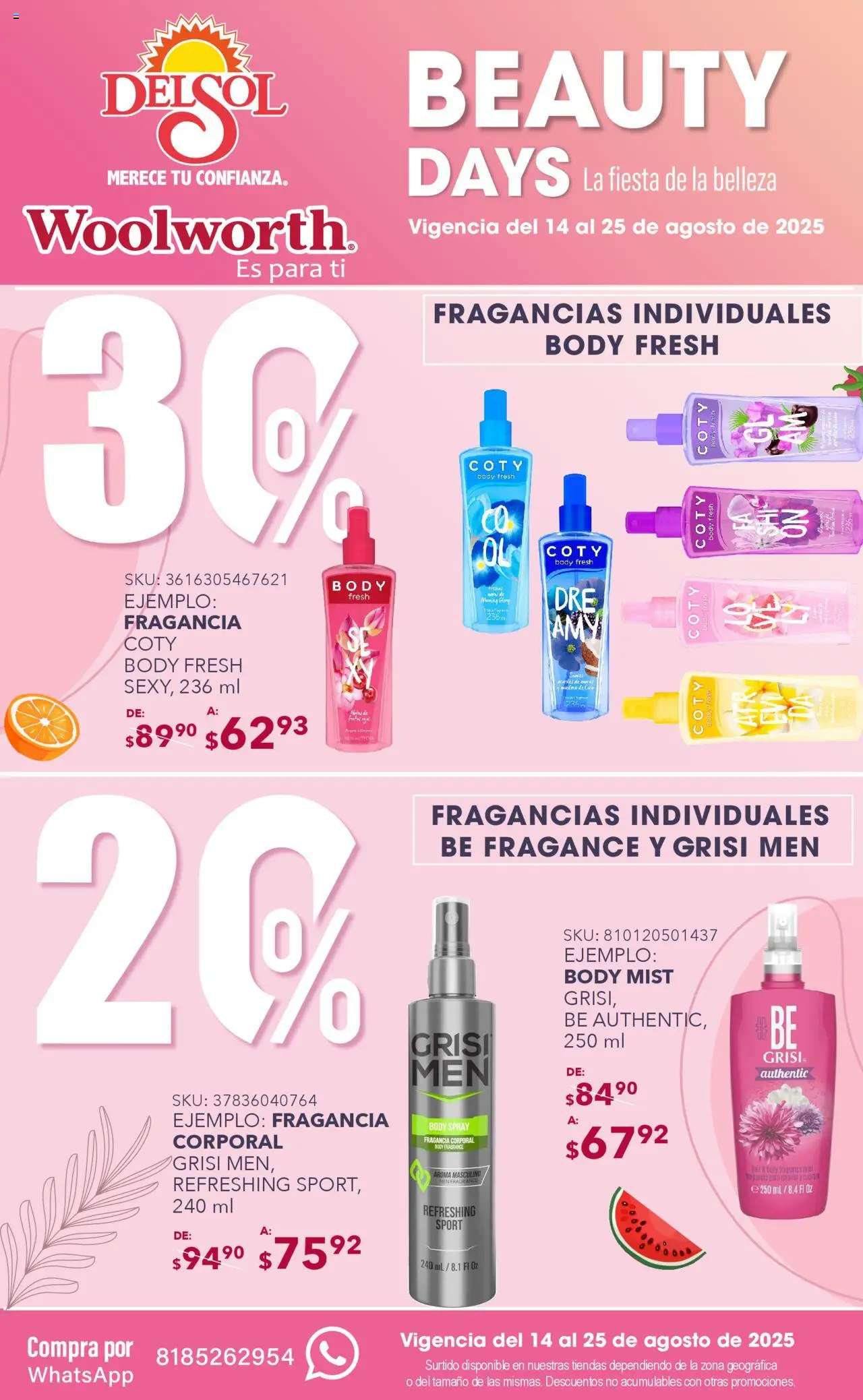 Catálogo La Fiesta de la Belleza - Pasillo Grisi Agosto Del Sol y Woolworth y sus promociones válidas desde el 14/08/2025 - Número de página 1 - Body, Fragancia
