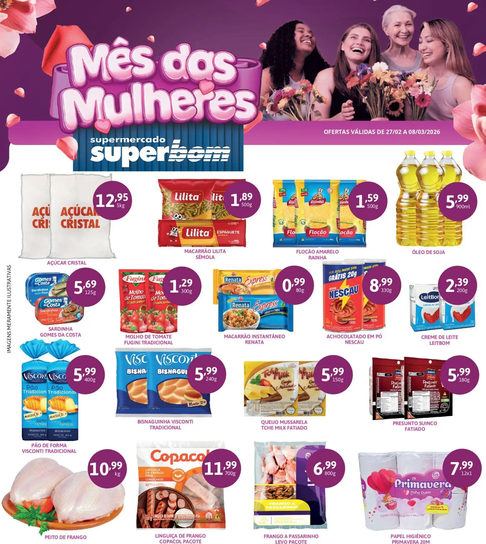 Pré-Visualização do folheto "Superbom ofertas Mês das Mulheres" da loja Superbom válido a partir de 27/02/2026 - Óleo, Queijo, Frango, Nescau, Pão de forma, Açúcar cristal, Macarrão instantâneo, Gomes da costa