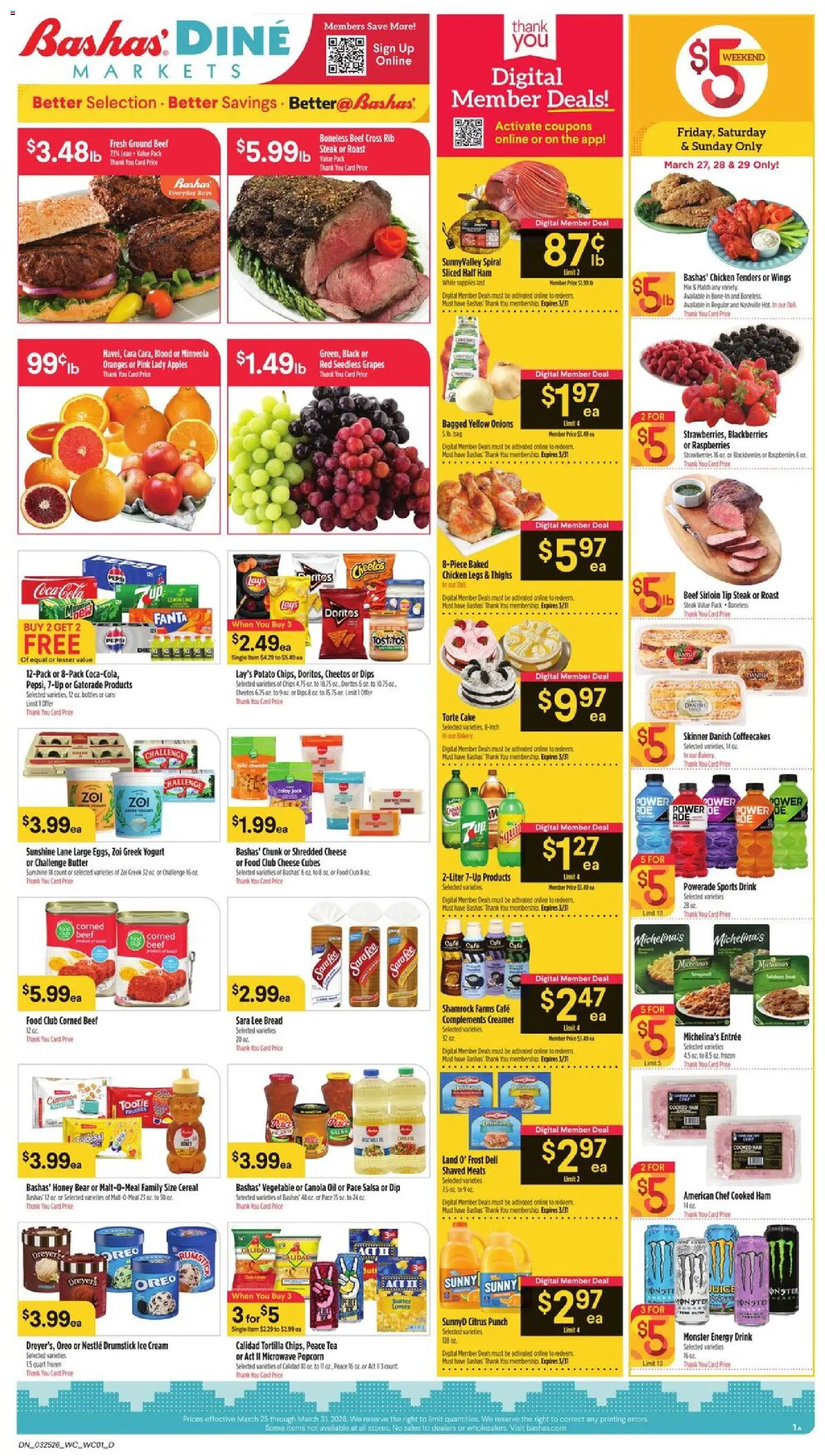 Ad Preview of Basha's Basha's Dine from 03/25/2026 - Ice cream, Popcorn, Bread, Beef, Canola oil, Fanta, Beef sirloin, Seedless grapes