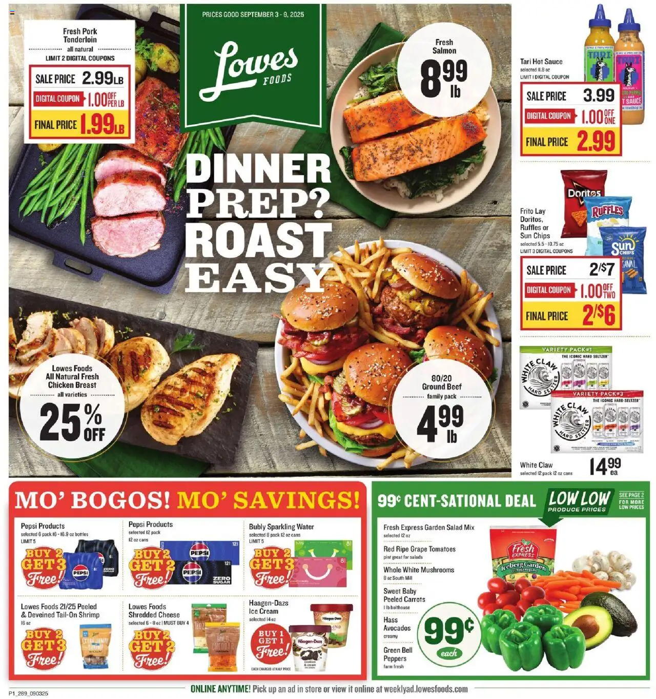 Lowes Foods Weekly Ad - GA from 09/03/2025 - Flyer - Page number 1 - Ice, Chips, Mushrooms, Carrots, Ground beef, Pork, Sauce, Salad mix