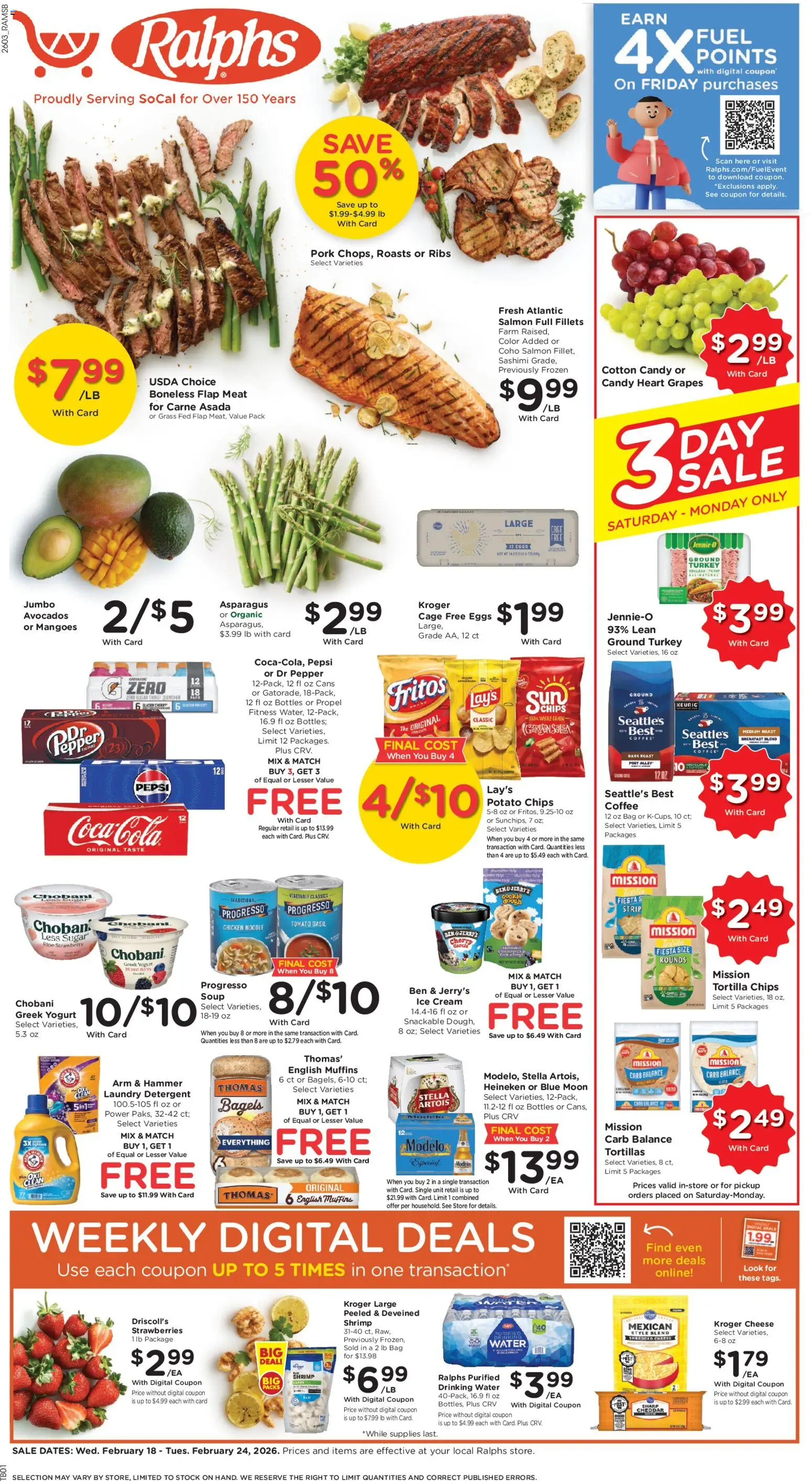 Ad Preview of Ralphs Weekly Ad from 02/18/2026 - Coffee, Chocolate, Water, Ice, Strawberries, Tomato, Tortilla chips, Chicken