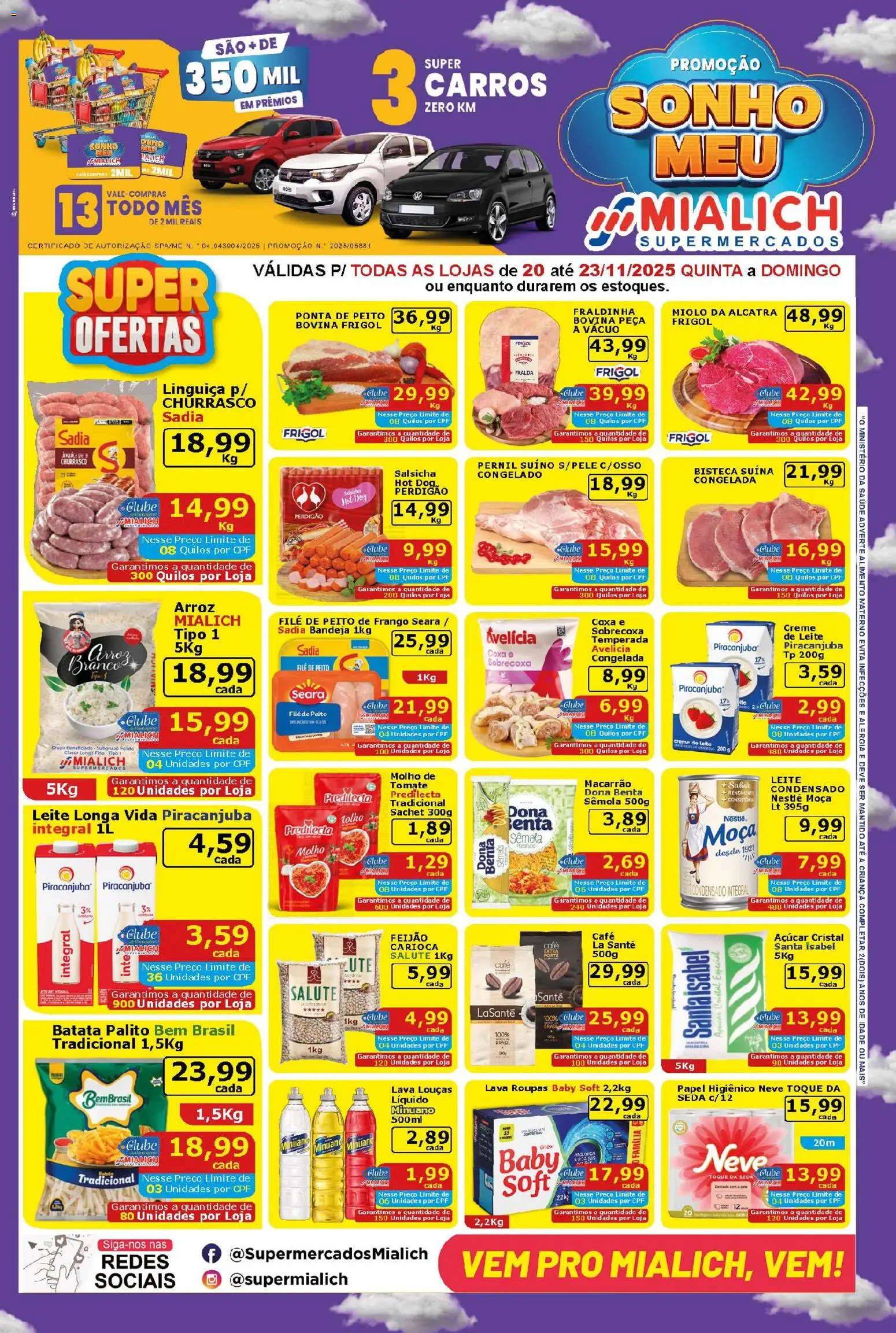 Pré-Visualização do folheto "Ofertas da semana" da loja Mialich Supermercados válido a partir de 20/11/2025 - Café, Frango, Fraldinha, Linguiça, Alcatra, Açúcar cristal, Leite longa vida, Mialich