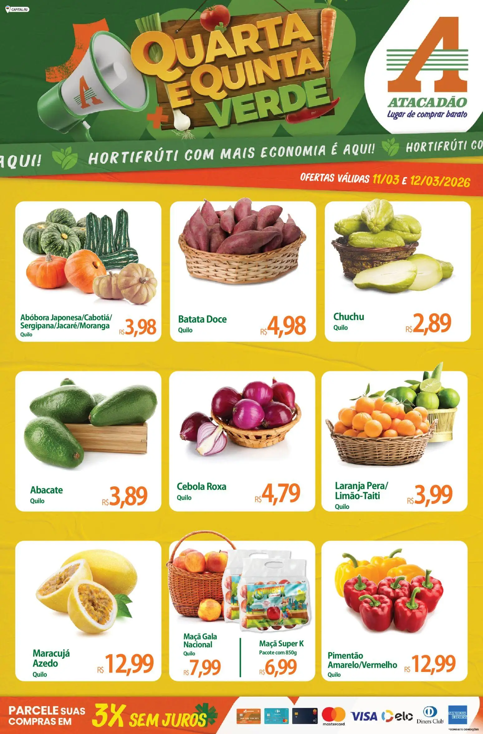 Pré-Visualização do folheto "Atacadão ofertas - RJ" da loja Atacadão válido a partir de 11/03/2026 - Chuchu, Abóbora, Doce, Batata, Maracujá, Abacate, Pimentão, Cebola roxa