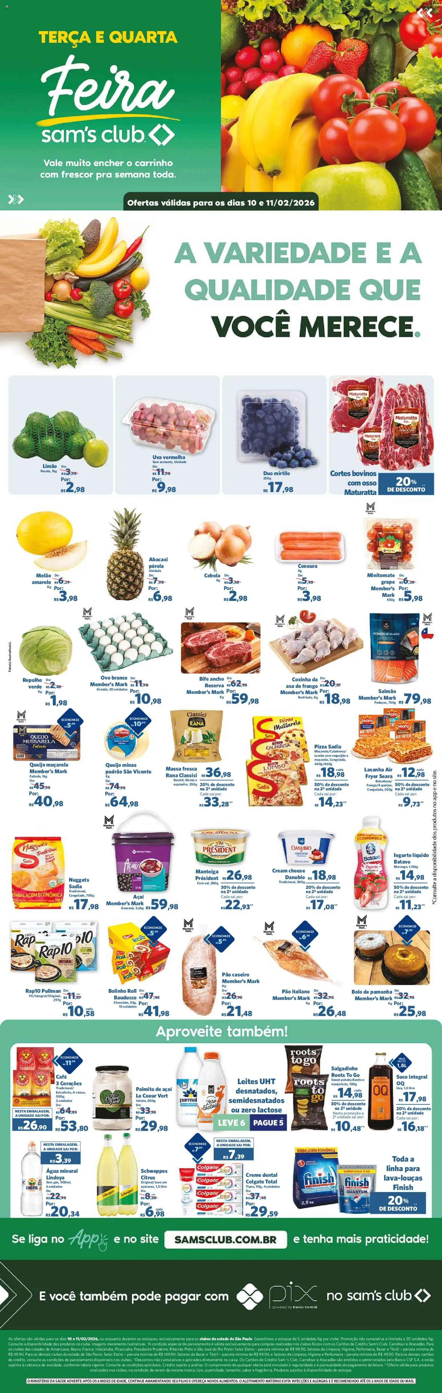 Pré-Visualização do folheto "Ofertas Feira" da loja Sam's Club válido a partir de 10/02/2026 - Café, Pizza, Queijo, Creme, Salmão, Bife ancho, Requeijão, Lombo