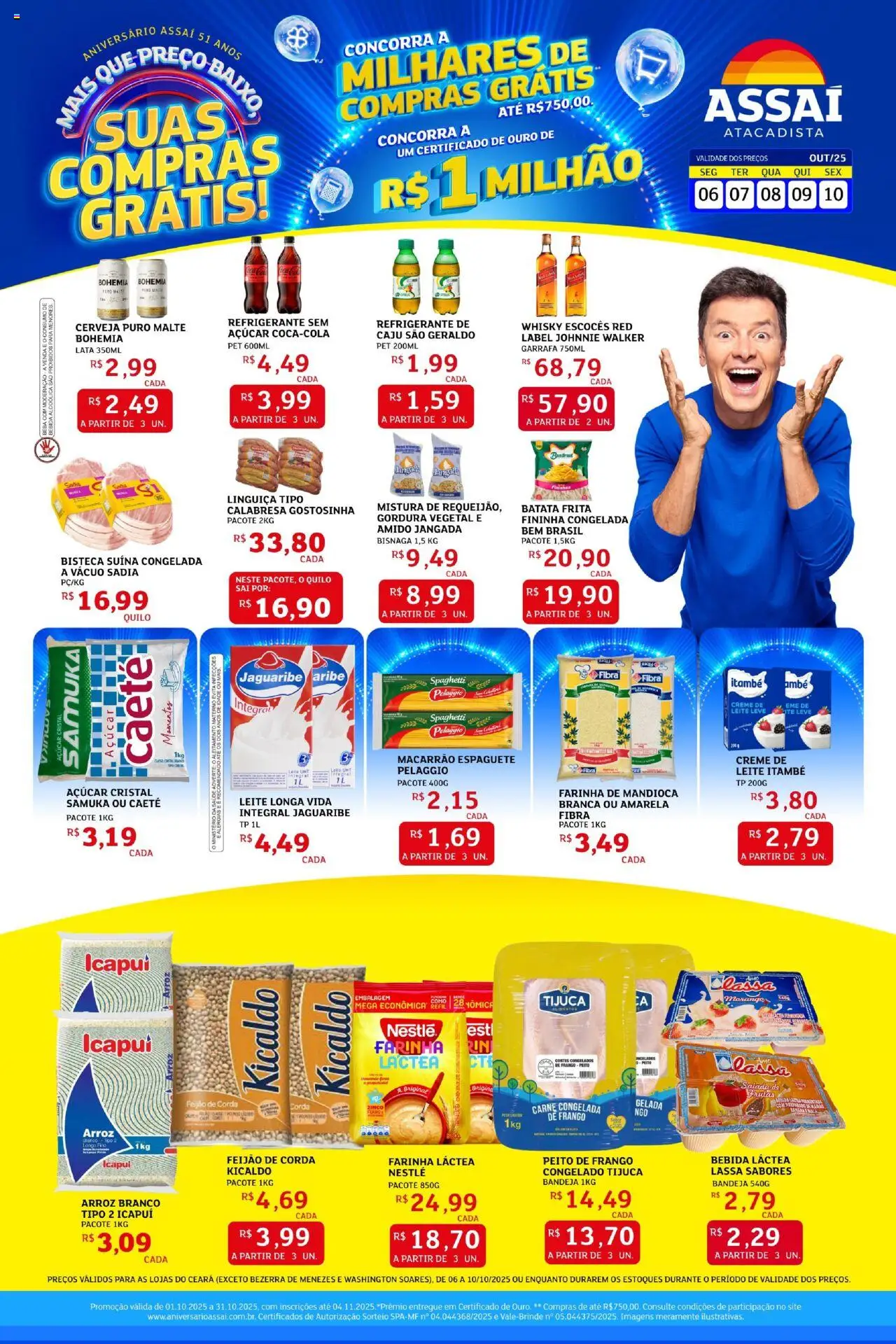 Pré-Visualização do folheto "Encarte" da loja Assaí Atacadista válido a partir de 06/10/2025 - Macarrão, Arroz, Batata frita, Batata, Refrigerante, Peito de frango, Salada, Açúcar cristal