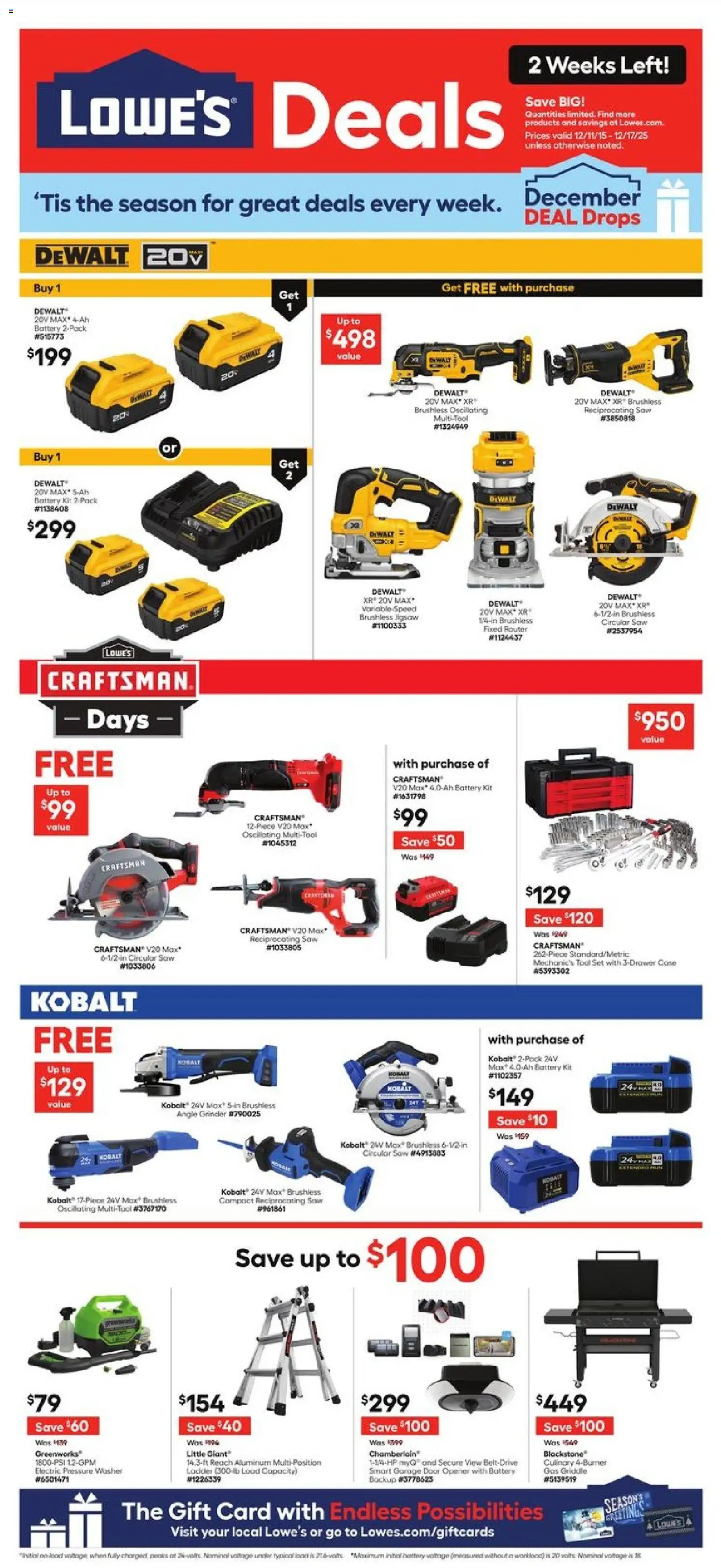 Ad Preview of Lowe's Weekly Ad from 12/11/2025 - Saw, Grinder, Ladder, Washer, Circular Saw, Angle Grinder, Reciprocating Saw, Opener