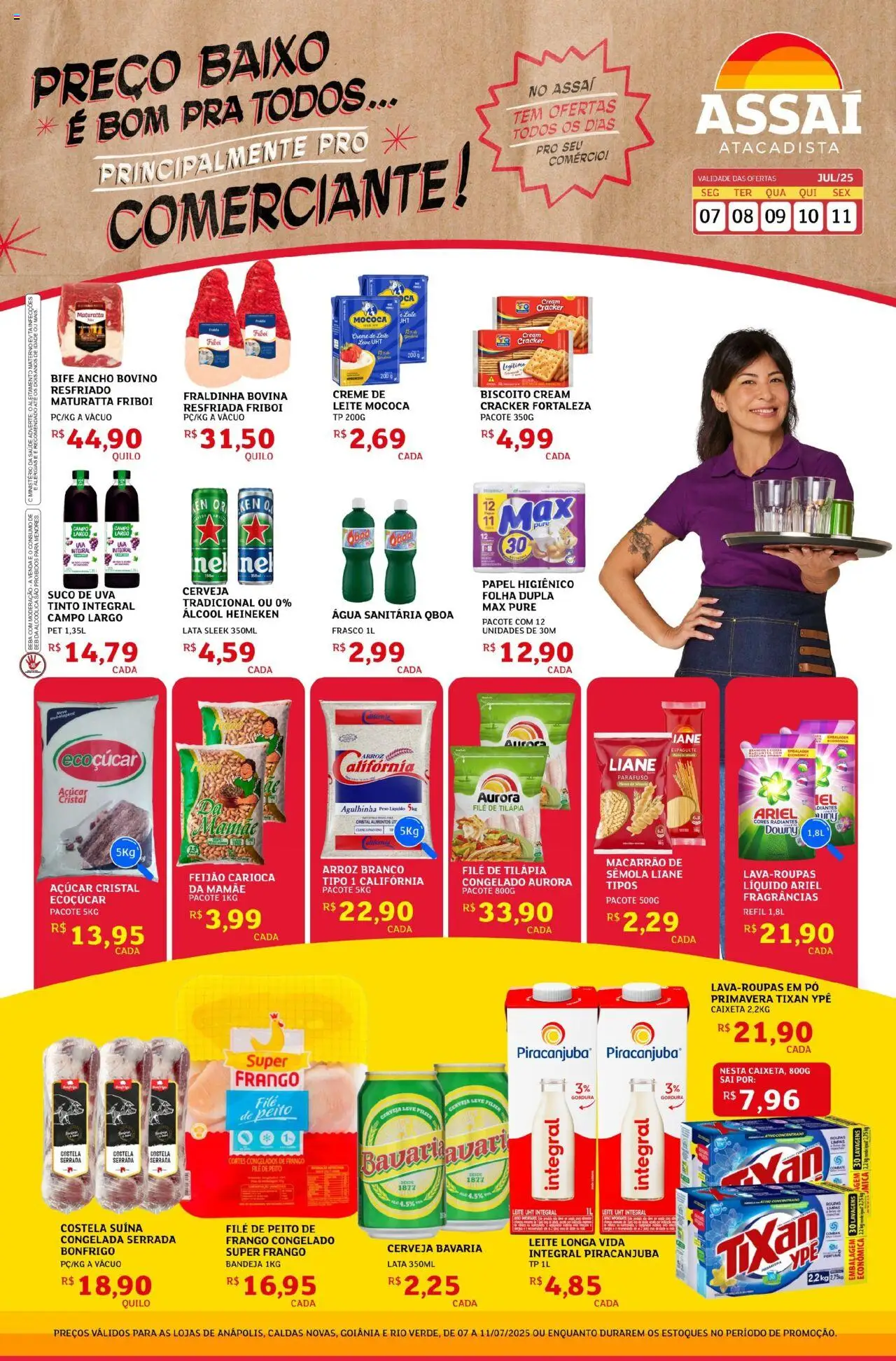 Assaí Atacadista folheto "Encarte - GO" válido a partir de 07/07/2025 - número de página 1 - Espaguete, Biscoito, Uva, Fraldinha, Alimentos, Baixo, Bandeja, Filé de tilápia