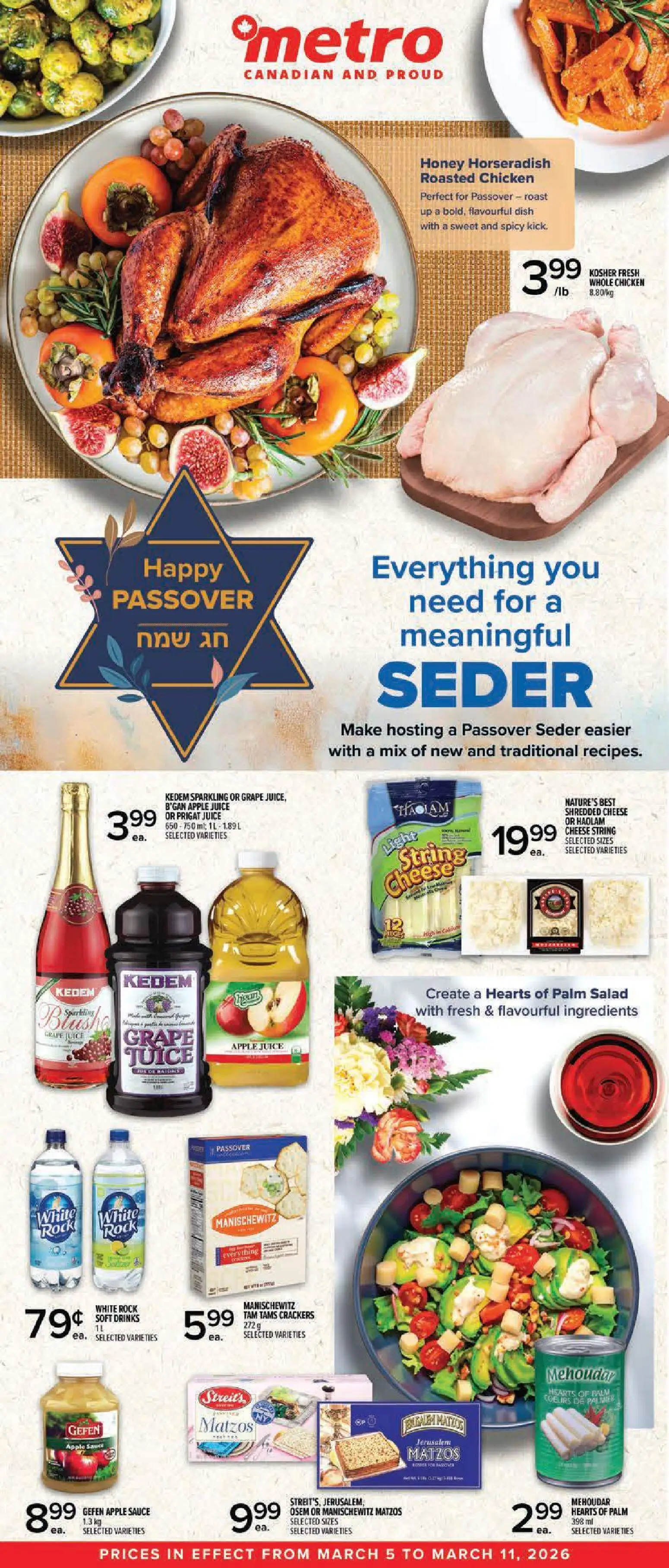 Preview of leaflet Metro Passover Flyer - Trois-Pistoles from shop Metro is valid from Mar 05, 2026 - Chicken, Cheese, Drinks, Juice, Horseradish, Roast, Apple juice, Whole chicken