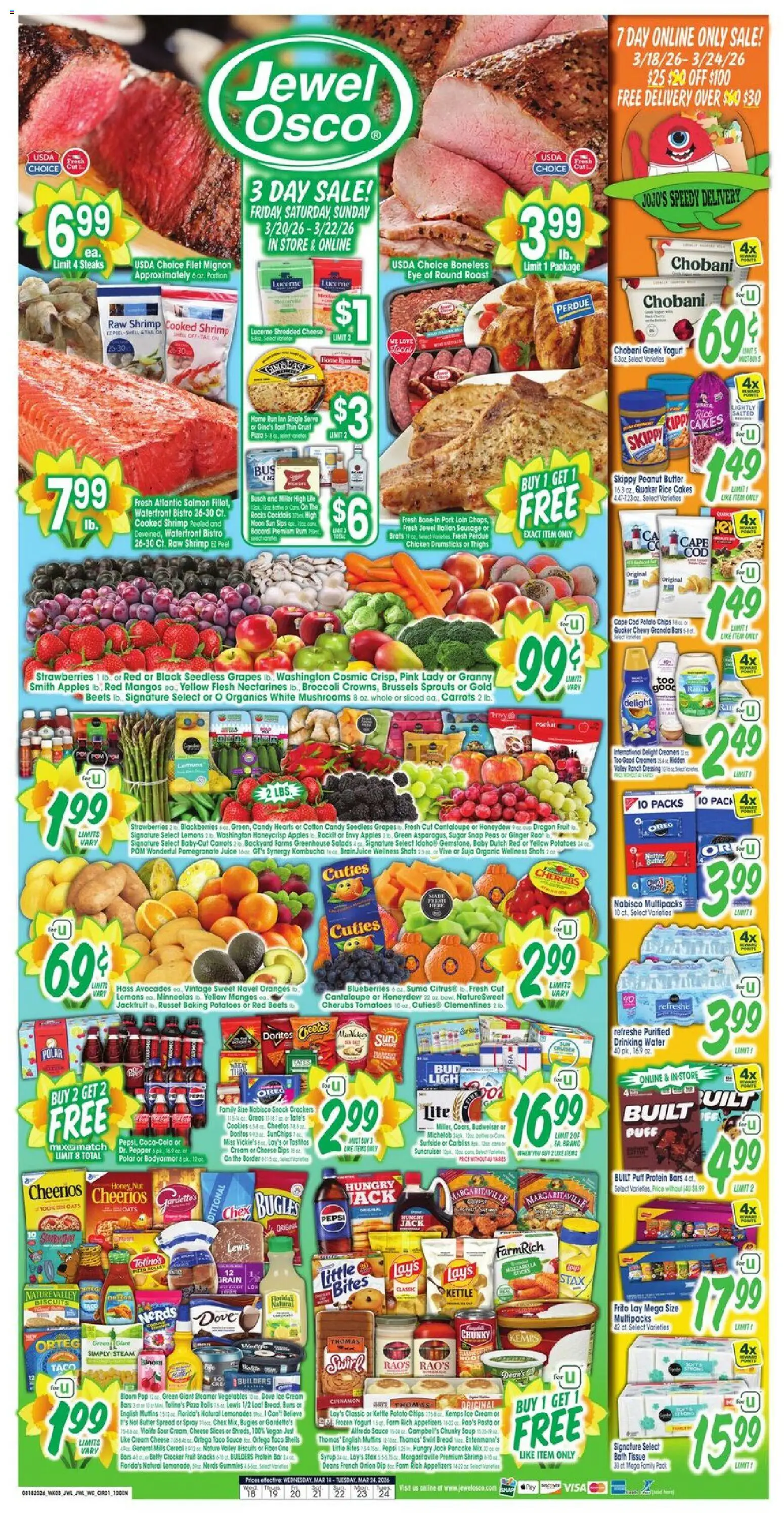 Ad Preview of Jewel Osco Jewel Osco Weekly Ad - IL from 03/18/2026 - Pizza, Water, Fruit, Pomegranate, Honey, Juice, Greek yogurt, Syrup