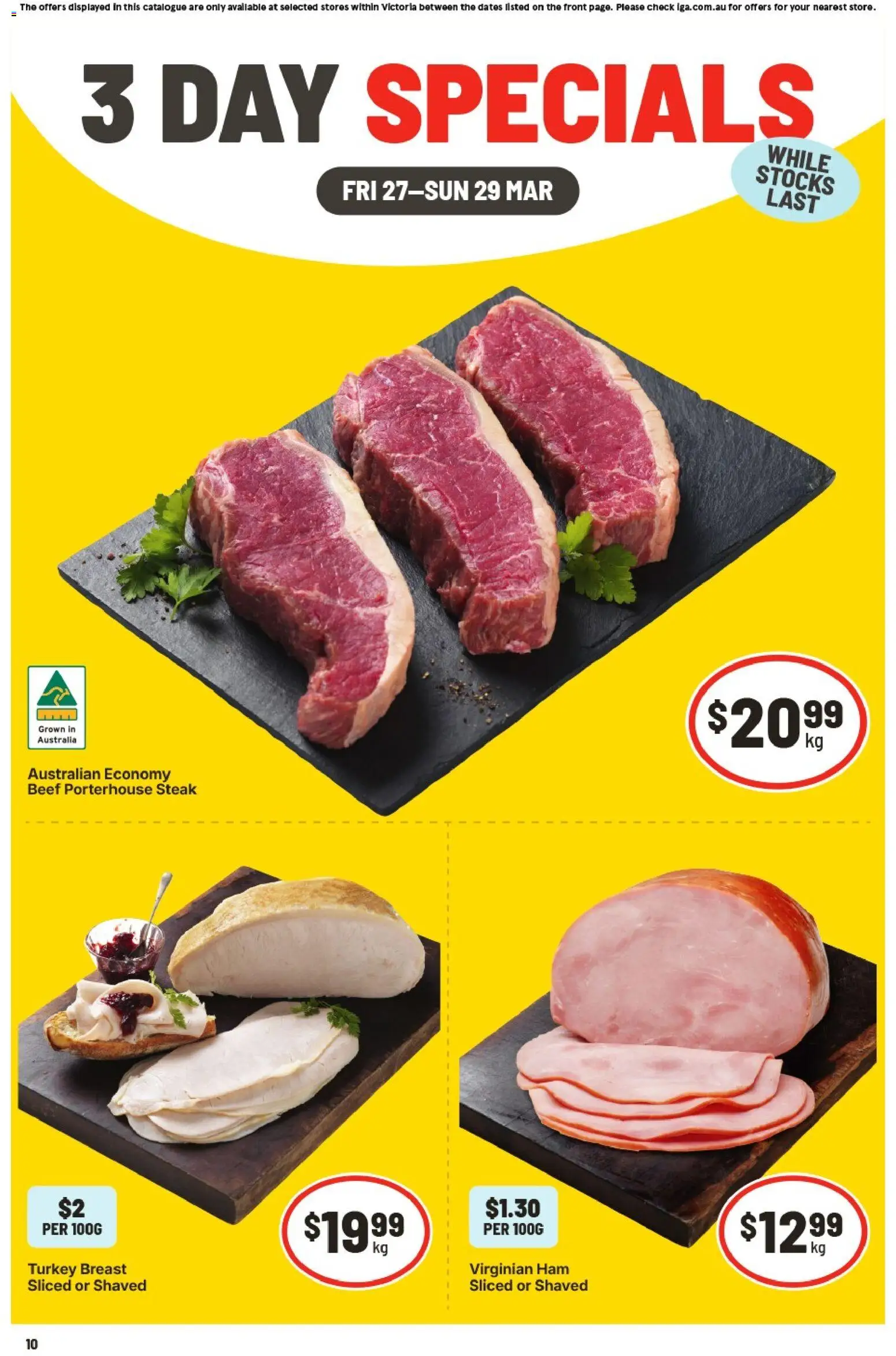 Preview of catalogue IGA 3 Day Specials VIC from shop IGA valid 27/03/2026 - Turkey breast, Ham, Beef, Steak, Turkey