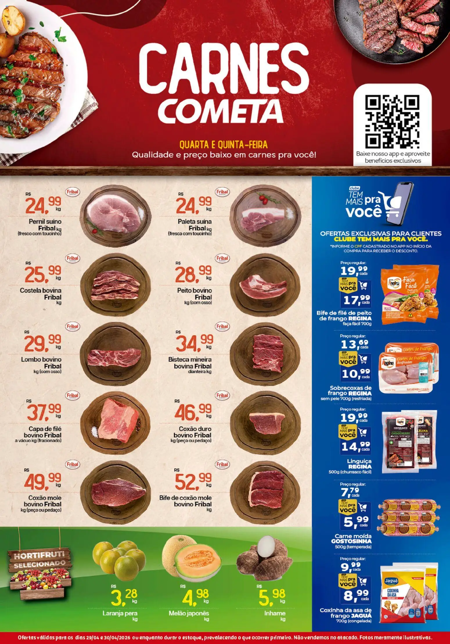 Pré-Visualização do folheto "Cometa Supermercados ofertas Carnes" da loja Cometa Supermercados válido a partir de 29/04/2026 - Inhame, Frango, Peito de frango, Carne moída, Lombo, Costela bovina, Pernil suíno, Coxão mole