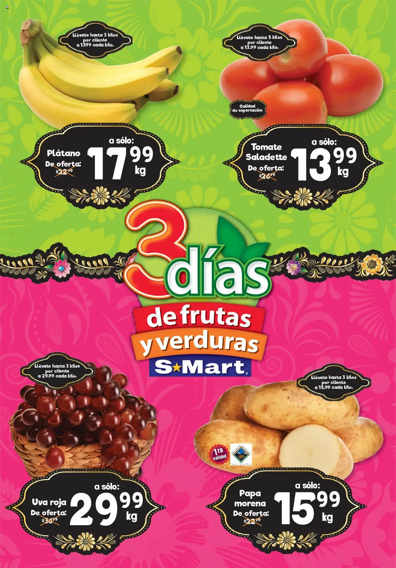Folleto - Nuevo Laredo S-Mart y sus promociones válidas desde el 19/08/2025 - Número de página 1 - Papa, Verduras, Tomate, Plátano, Uva