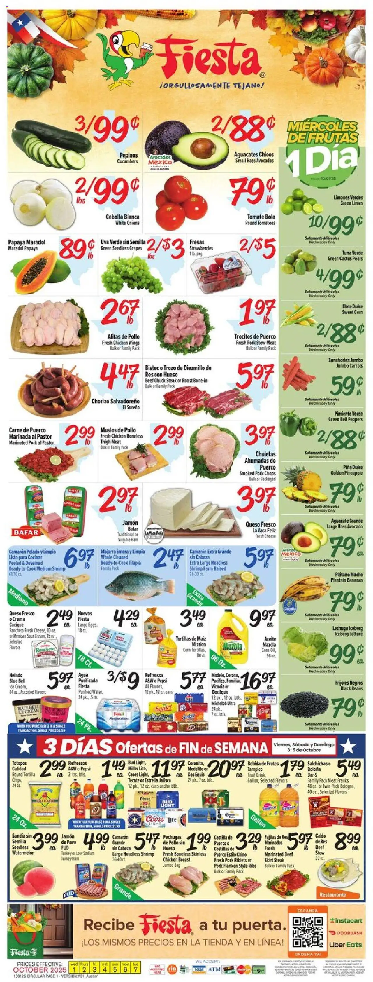 Fiesta Mart Weekly Ad from 10/01/2025 - Flyer - Page number 1 - Bananas, Chicken wings, Meat, Peppers, Cucumbers, Beans, Beef, Pork