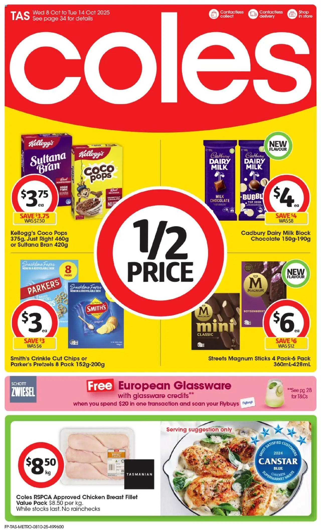 Coles catalogue valid from 08/10/2025 - page 1 - Box, Milk, Dairy, Chocolate, Glassware, Chicken breast, Chips, Magnum