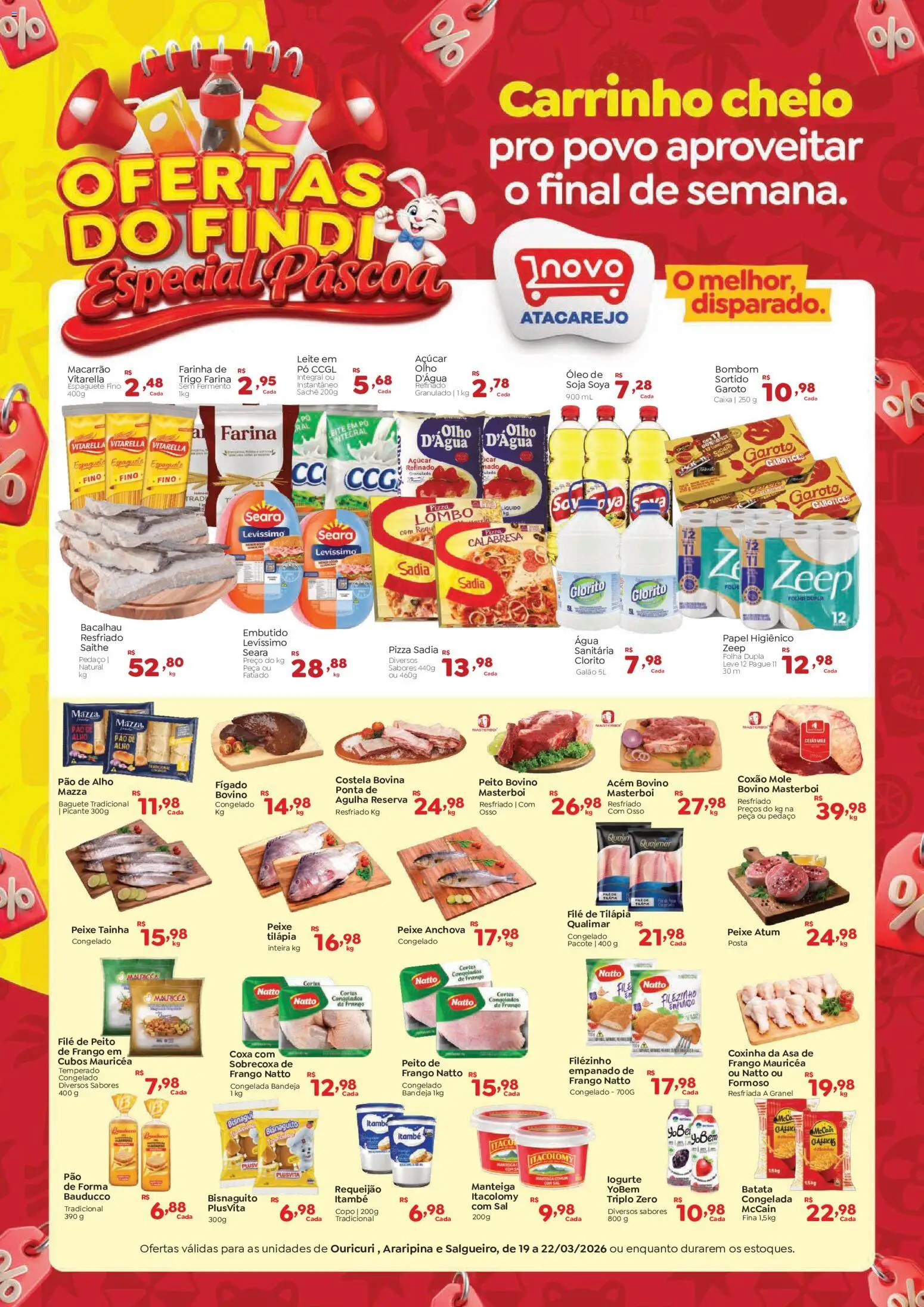 Pré-Visualização do folheto "Novo Atacarejo ofertas FDS" da loja Novo Atacarejo válido a partir de 19/03/2026 - Pão, Manteiga, Pao de alho, Pó, Granulado, Filé de tilápia, Acém, Coxão mole