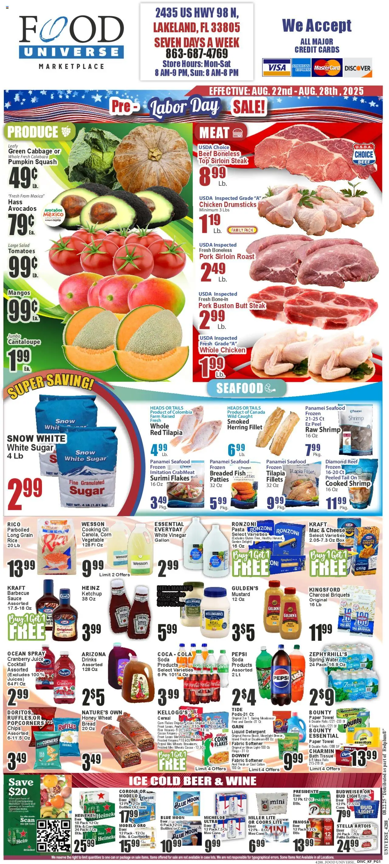 Food Universe Weekly Ad from 08/22/2025 - Flyer - Page number 1 - Ice, Salad, Chips, Meat, Cabbage, Vinegar, Pork, Drumsticks