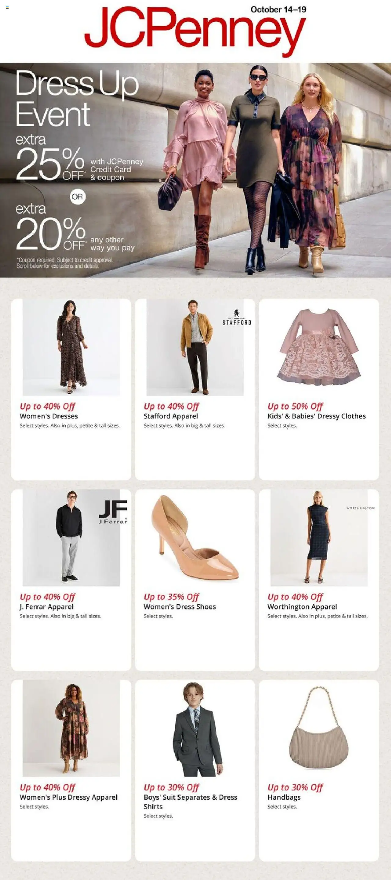 JCPenney Weekly Ad from 10/14/2025 - Flyer - Page number 1 - Suit, Clothes, Dress