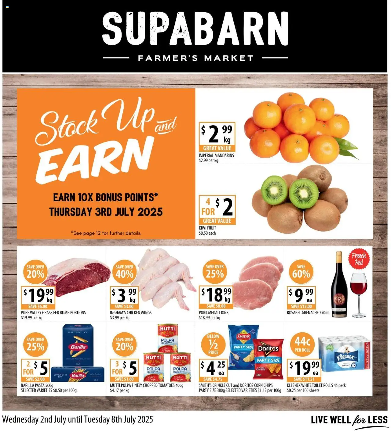 Supabarn catalogue valid from 02/07/2025 - page 1 - Toilet, Chicken wings, Barilla pasta, Pork, Tomatoes, Chips, Mandarins, Kiwi