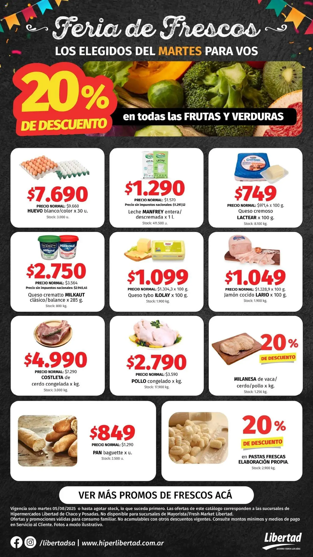 Hipermercado Libertad Feria de Frescos - NEA del 05/08/2025 Online - Milanesa, Pollo, Queso, Pan, Leche, Cerdo, Baguette, Jamón cocido