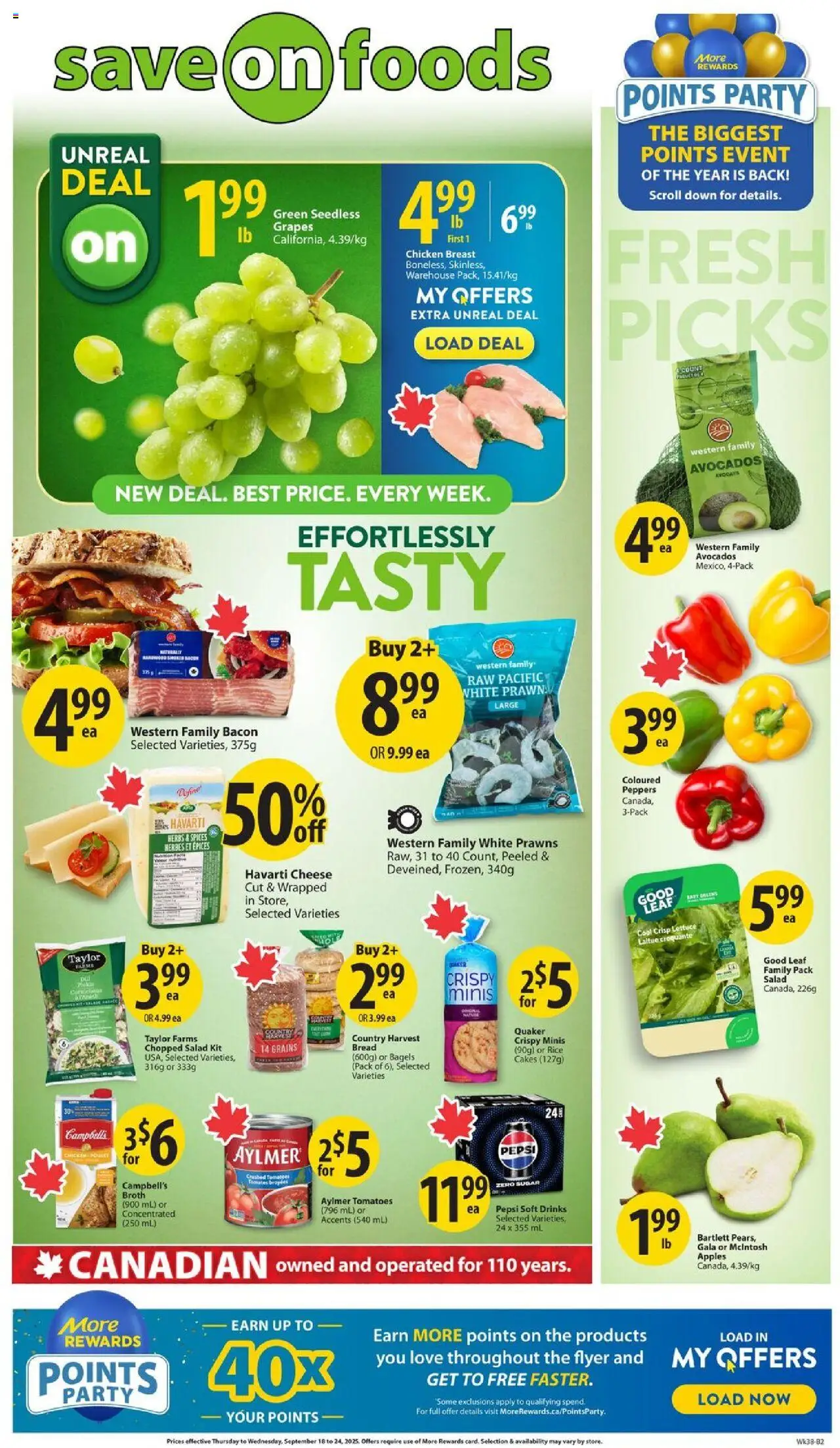 Save on foods flyer valid from Sep 18, 2025 - page number 1 - Drinks, Tomatoes, Sugar, Chicken breast, Grapes, Spices, Grains, Broth