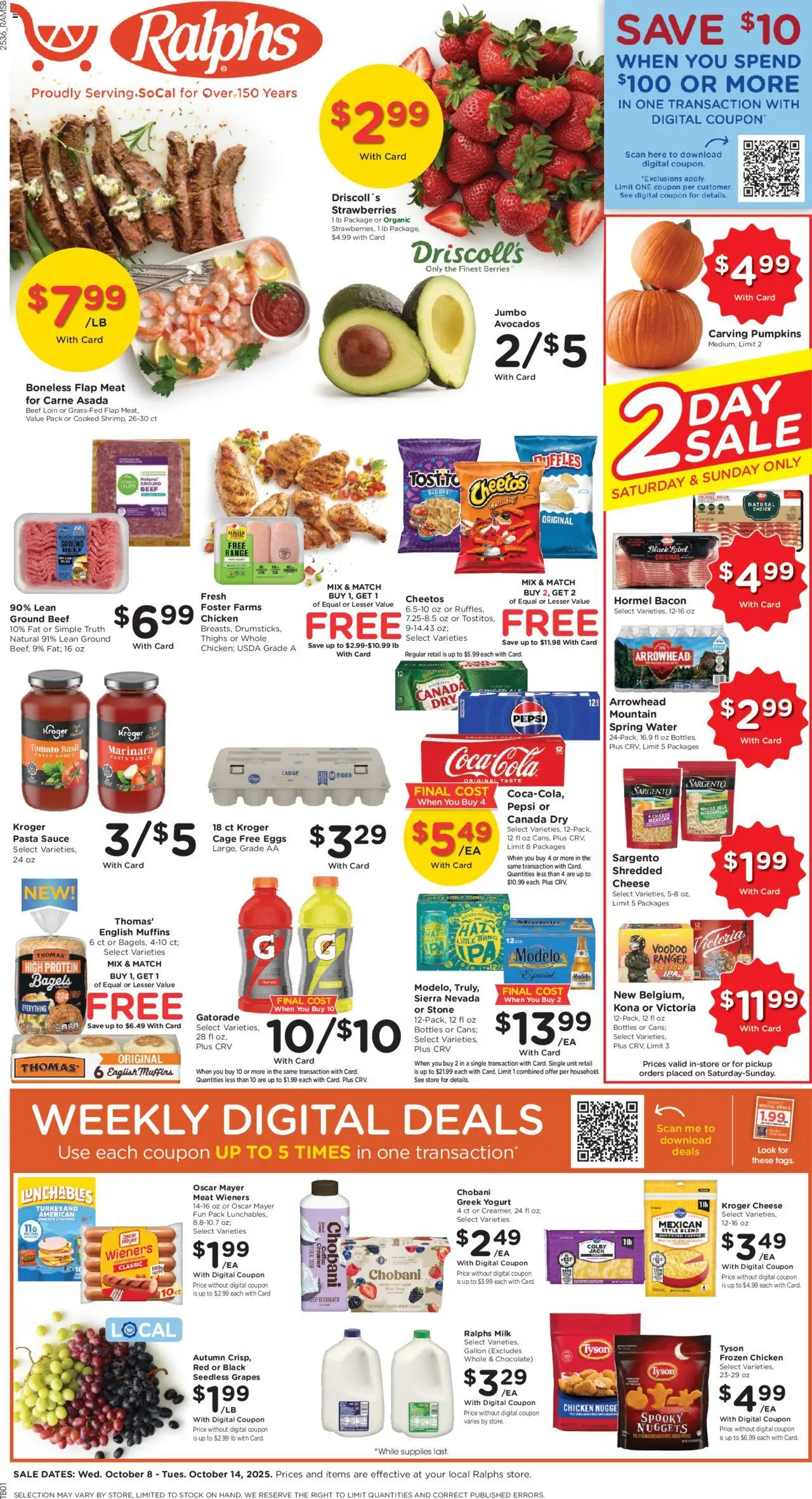 Ralphs Weekly Ad from 10/08/2025 - Flyer - Page number 1 - Pasta, Water, Eggs, Cheese, Yogurt, Pepsi, Grapes, Berries