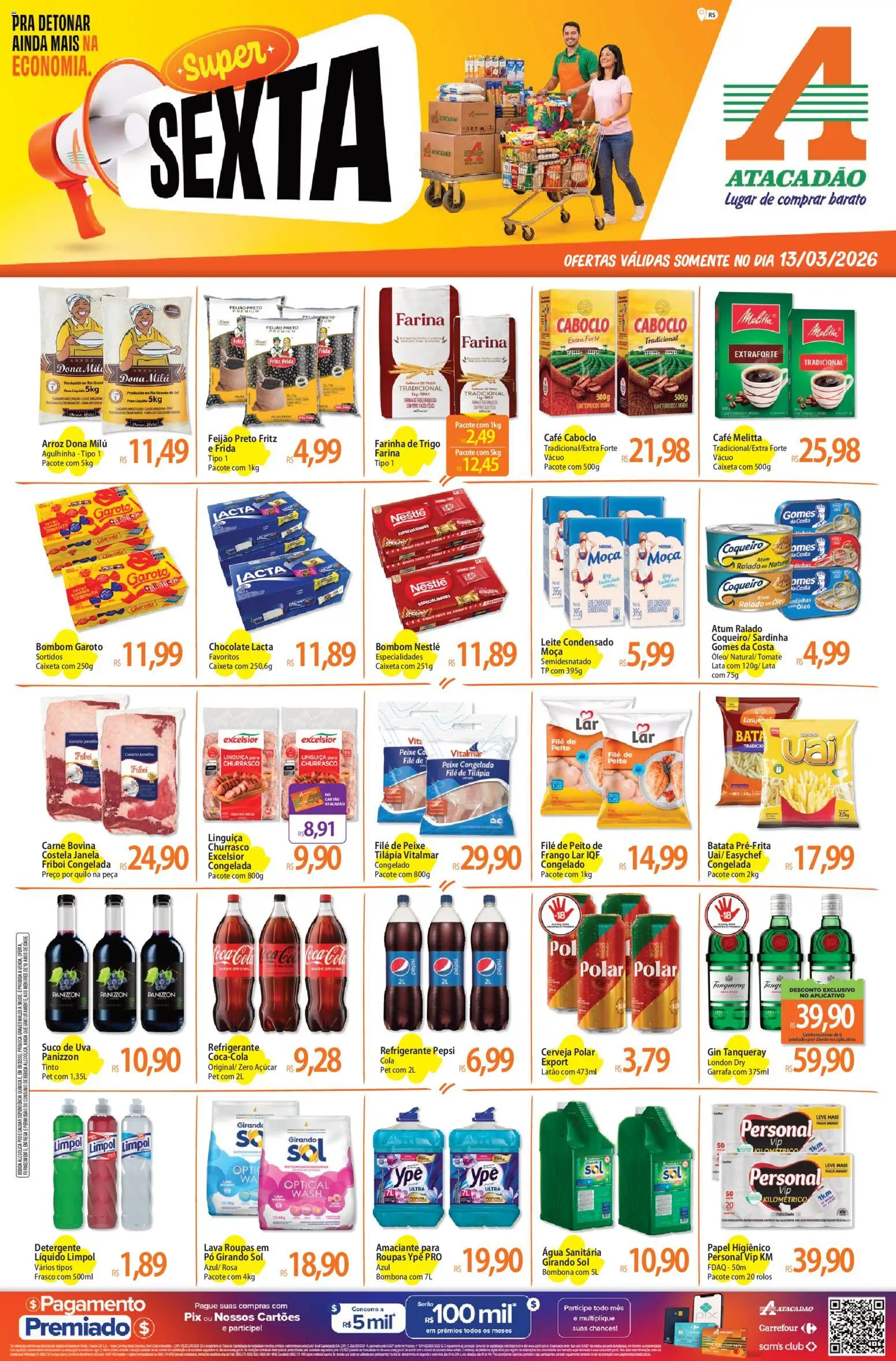 Pré-Visualização do folheto "Atacadão ofertas - RS" da loja Atacadão válido a partir de 13/03/2026 - Cerveja, Água, Uva, Leite, Batata, Frango, Cola, Gomes da costa