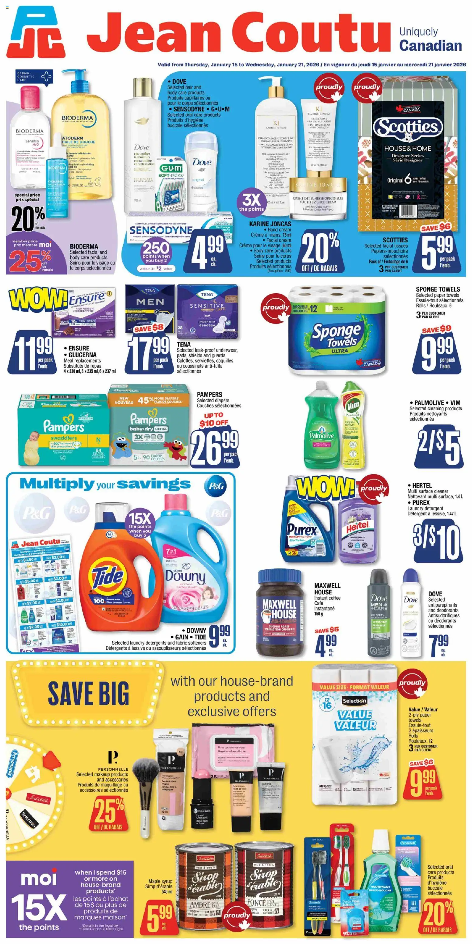 Preview of leaflet Weekly Flyer from shop Jean Coutu is valid from Jan 15, 2026 - Coffee, Maple syrup, Protein, Mouthwash, Cream, Roast, Towels, Sponge