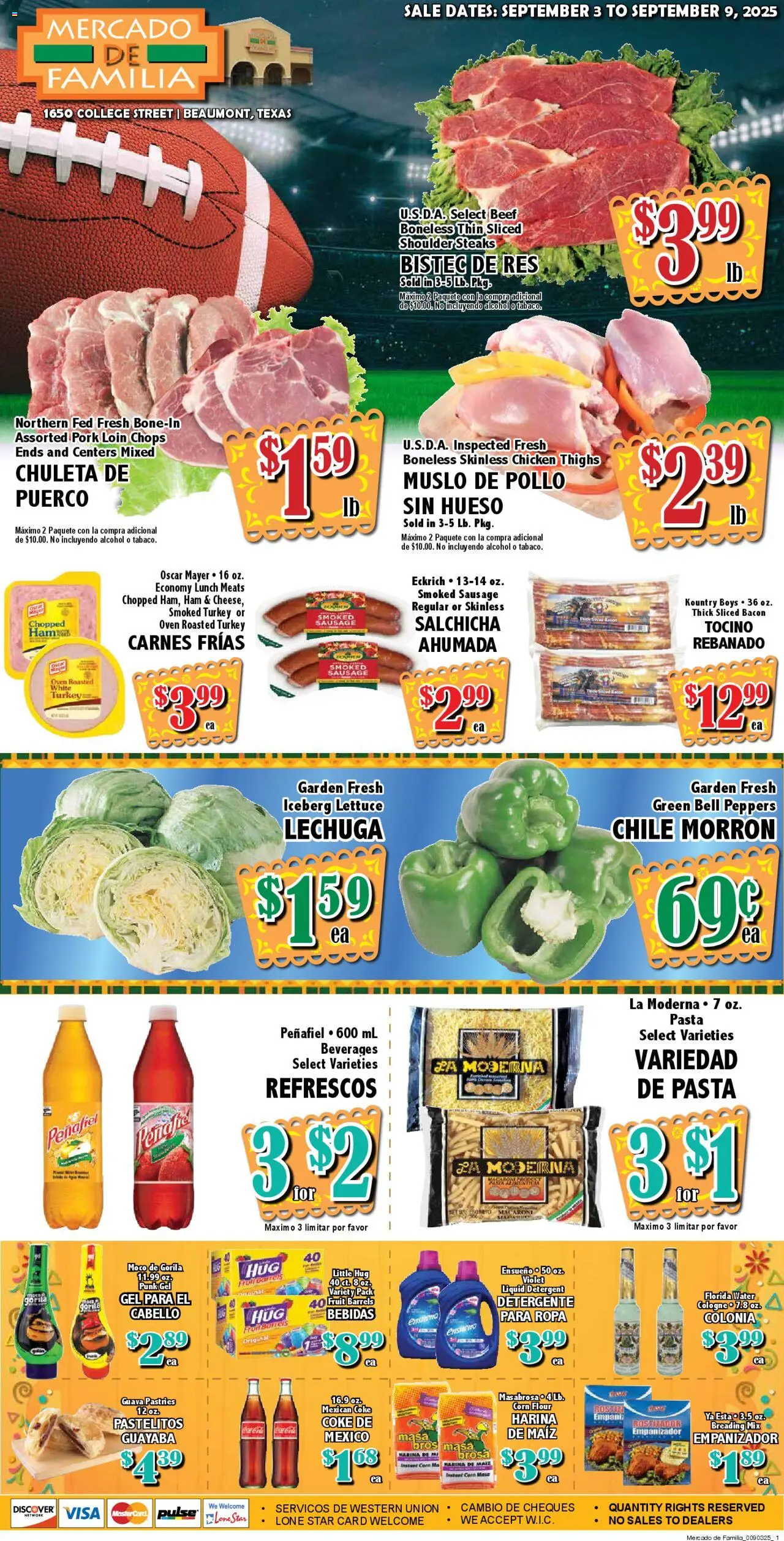 Market Basket Mercado from 09/03/2025 - Flyer - Page number 1 - Pasta, Alcohol, Pastries, Ham, Chicken thighs, Flour, Beverages, Chicken