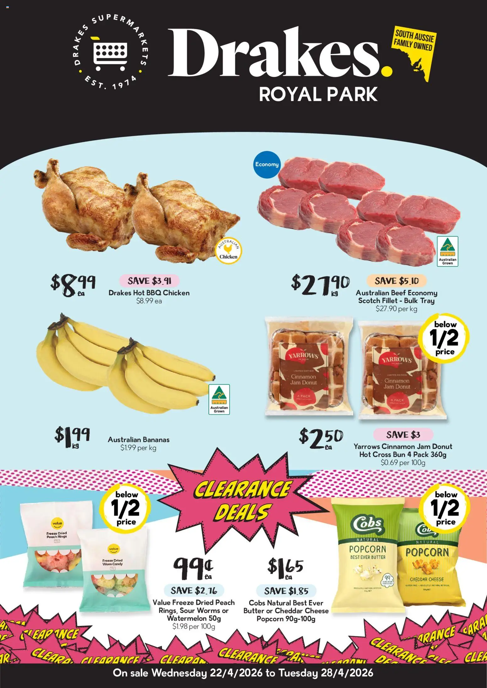 Preview of catalogue Drakes catalogue Royal Park from shop Drakes valid 22/04/2026 - Butter, Bananas, Peach, Watermelon, Jam, Cheddar, Donut, Fillet