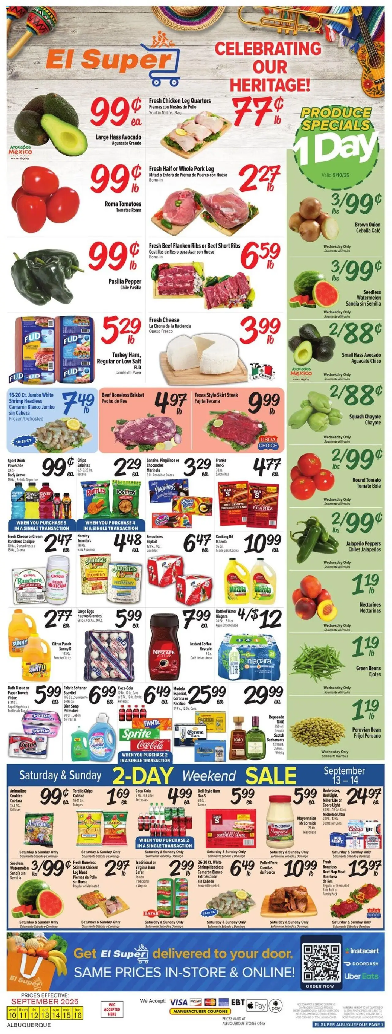El Super Weekly Ad - NM from 09/10/2025 - Flyer - Page number 1 - Coffee, Tequila, Oil, Salt, Nectarines, Fanta, Jalapeno peppers, Pork leg