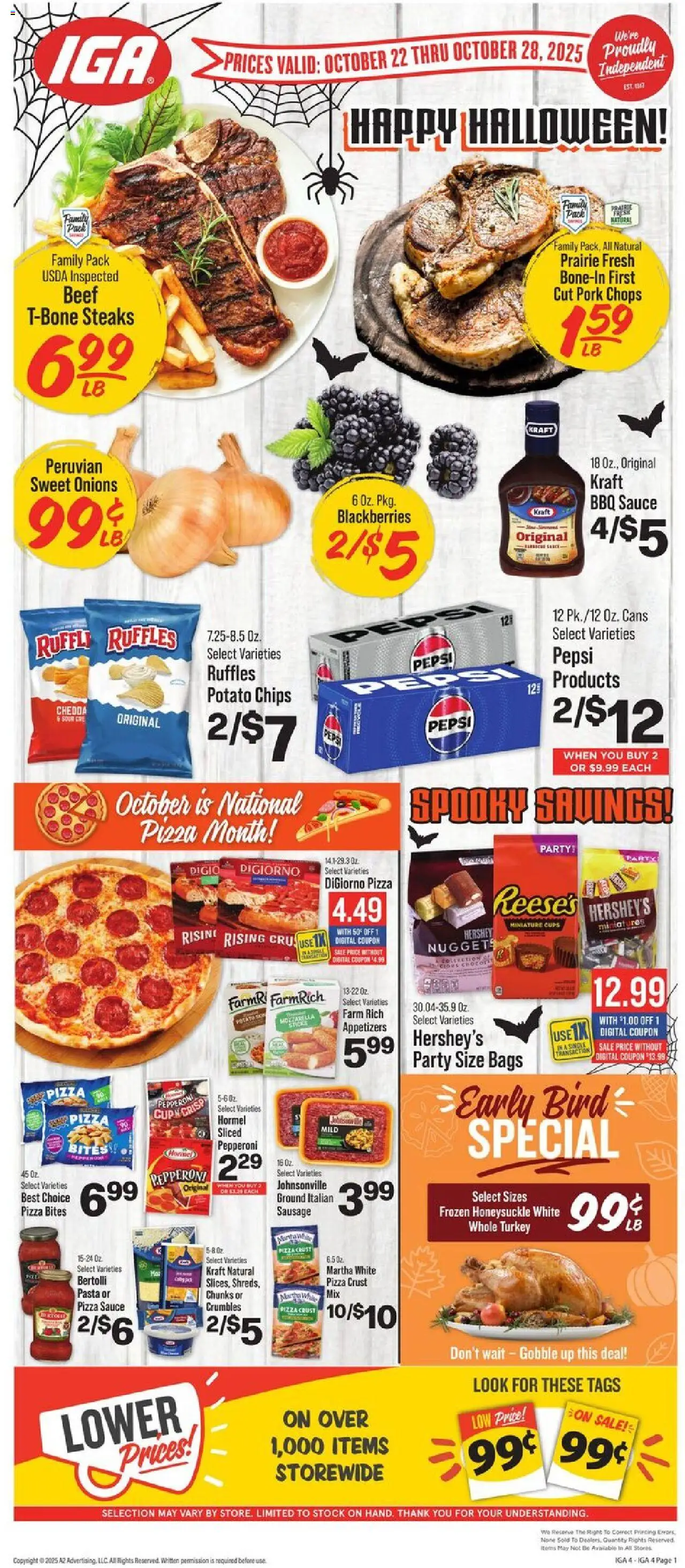 IGA Weekly Ad from 10/22/2025 - Flyer - Page number 1 - Pizza, Turkey, Chips, Pepsi, Beef, Pork, Mozzarella, Sauce