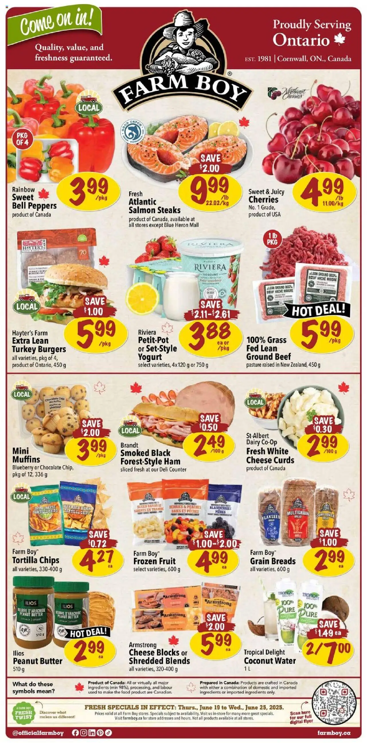Farm Boy flyer valid from Jun 19, 2025 - page number 1 - Burgers, Chocolate, Fruit, Salmon, Chips, Coconut, Ingredients, Tortilla chips