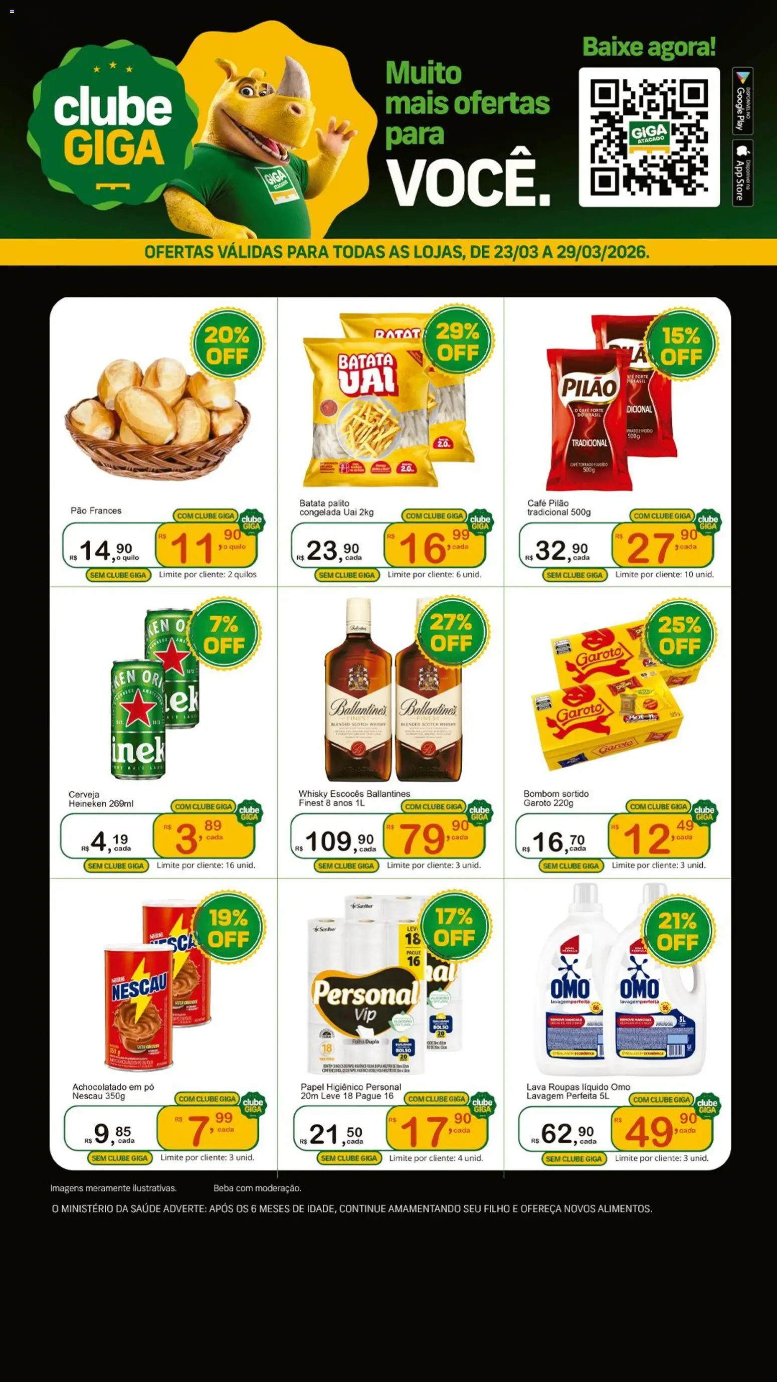 Pré-Visualização do folheto "GIGA Atacado ofertas Clube" da loja GIGA Atacado válido a partir de 23/03/2026 - Café, Cerveja, Batata, Bombom, Papel higiênico, Pão francês, Café pilão, Achocolatado