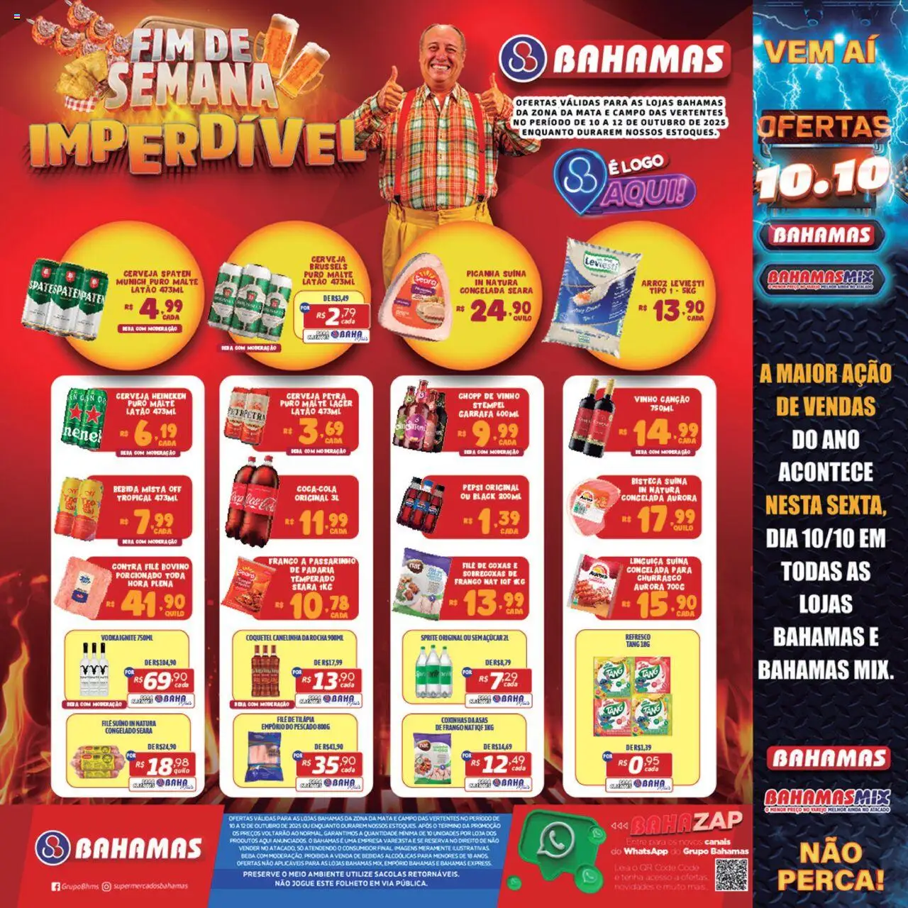 Bahamas Supermercados folheto "Ofertas Fim de Semana Imperdível" válido a partir de 10/10/2025 - número de página 1 - Picanha, Arroz, Bebida, Cerveja Heineken, Frango, Linguiça, Contra filé, Asas de frango