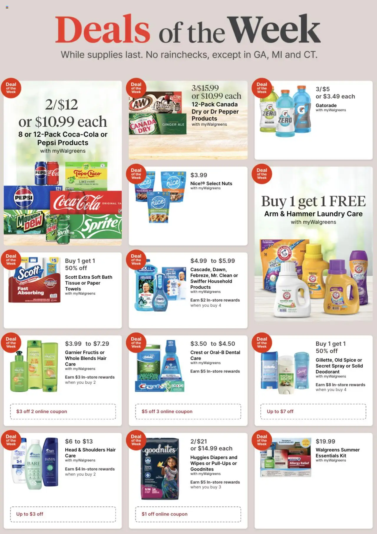 Walgreens Weekly Ad from 08/10/2025 >> Circular, Flyer - Page number 1 - Ginger, Diapers, Pepper, Sprite, Bath, Hammer, Paper towels, Head & Shoulders