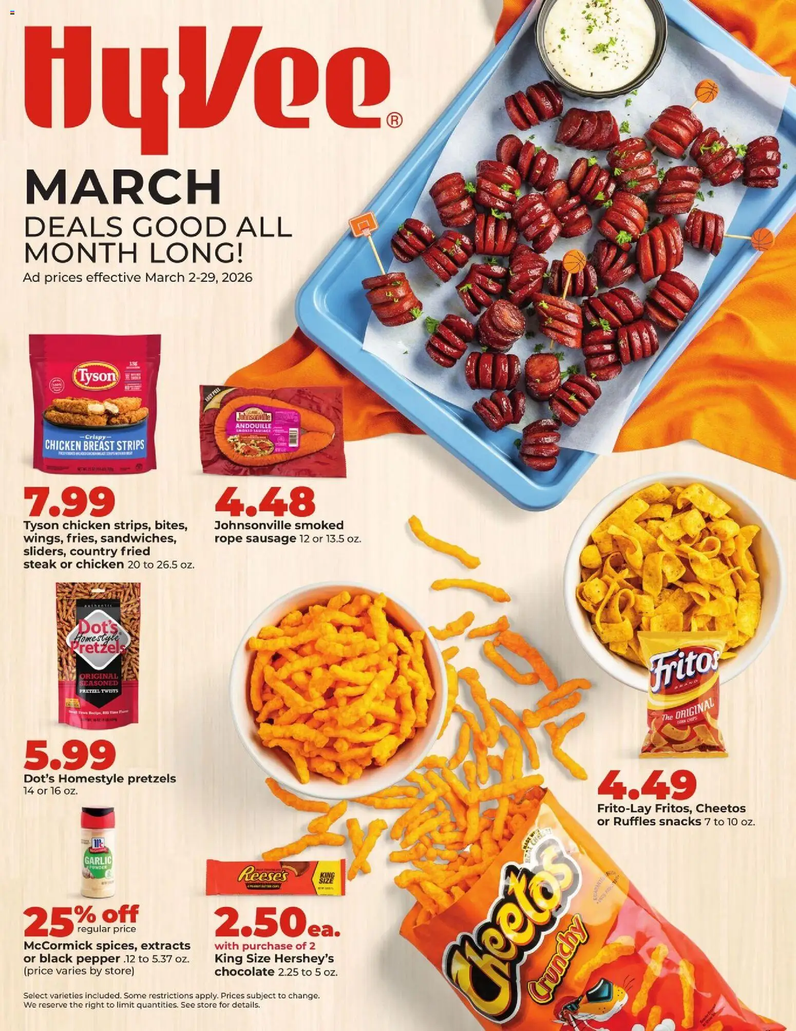 Ad Preview of HyVee HyVee Monthly Ad from 03/02/2026 - Steak, Snacks, Chips, Corn, Pepper, Sausage, Garlic, Powder