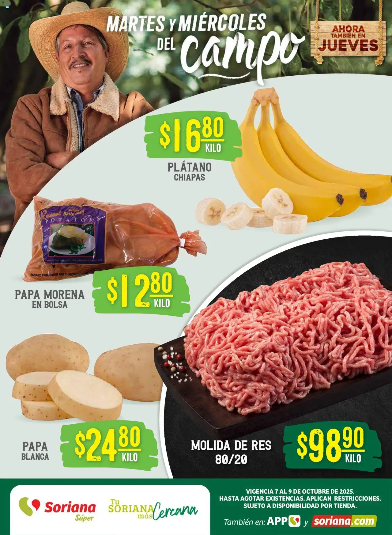 Martes y Miércoles del Campo Súper: Tamaulipas (excepto Cd. Victoria y Tampico) Soriana y sus promociones válidas desde el 07/10/2025 - Número de página 1 - Papa, Bolsa, Plátano, Res