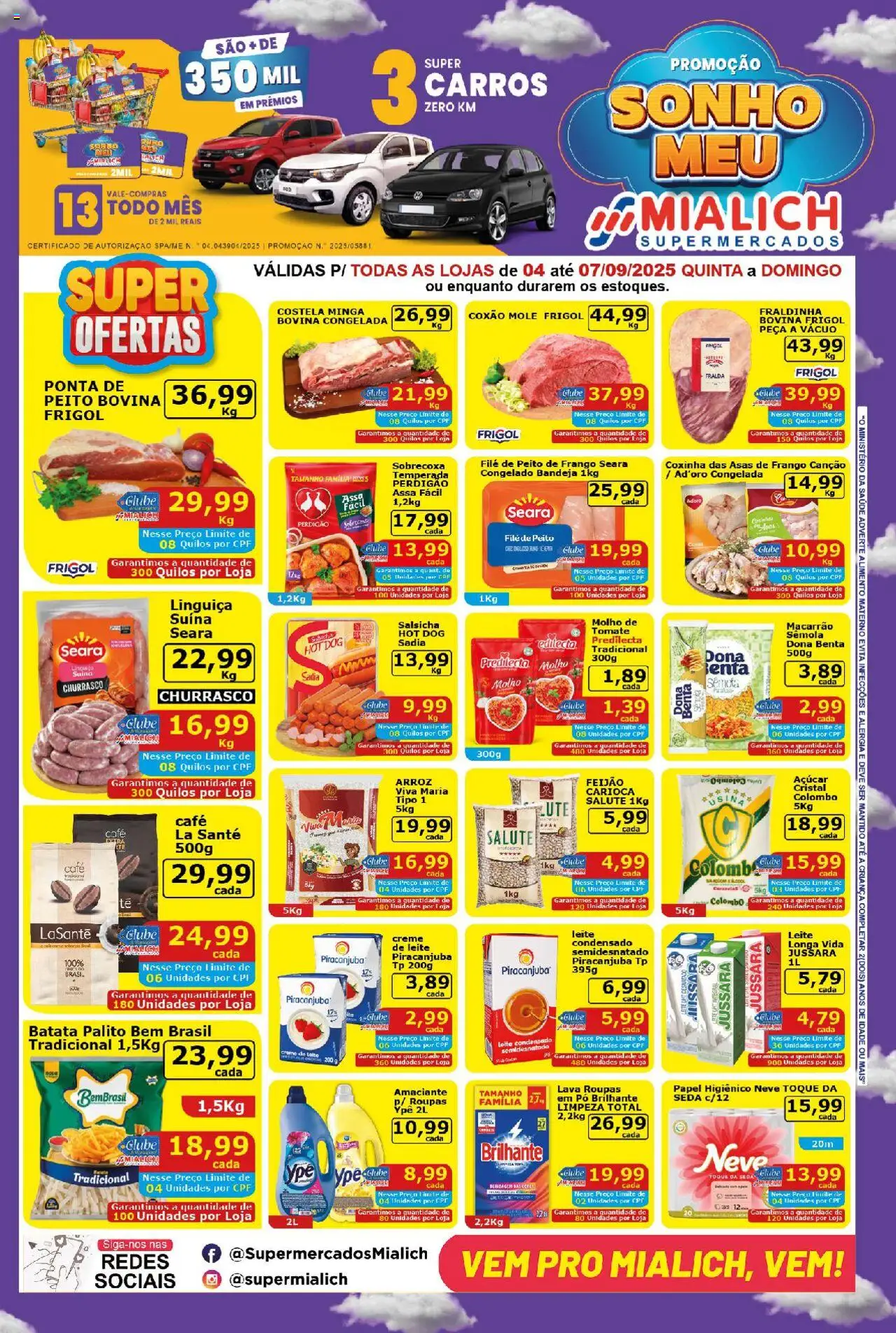 Mialich Supermercados folheto "Ofertas da semana" válido a partir de 04/09/2025 - número de página 1 - Roupas, Leite, Tomate, Creme, Fraldinha, Pó, Linguiça, Bandeja