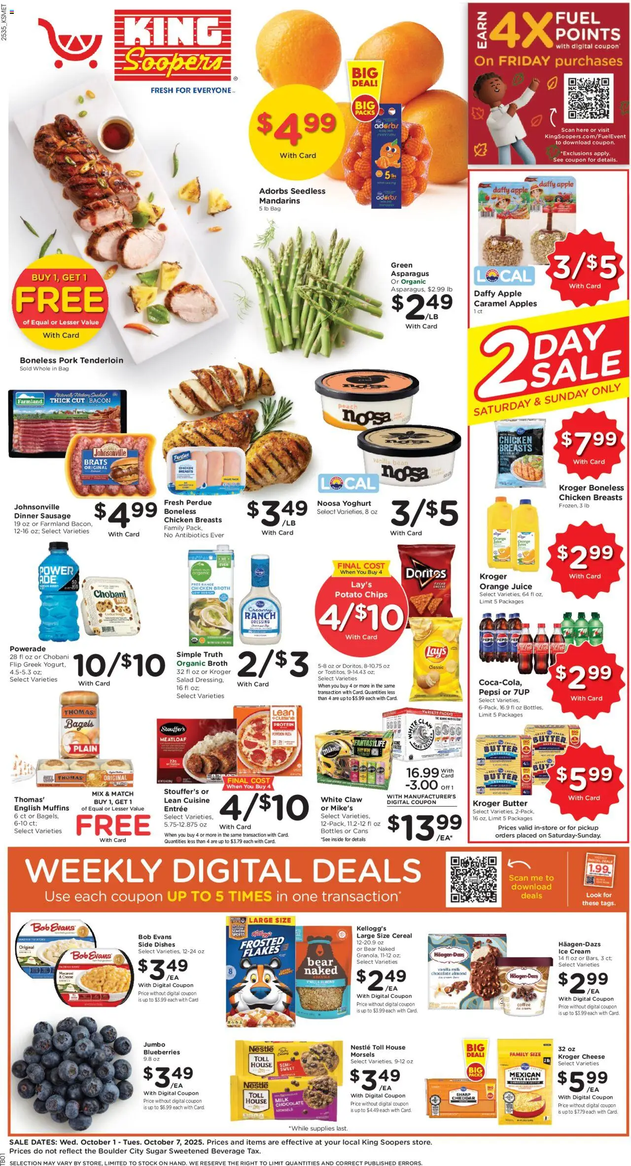 Ad Preview of King Soopers Weekly Ad from 10/01/2025 - Apples, Chocolate, Cheese, Dressing, Bacon, Sugar, Sausage, Pork tenderloin