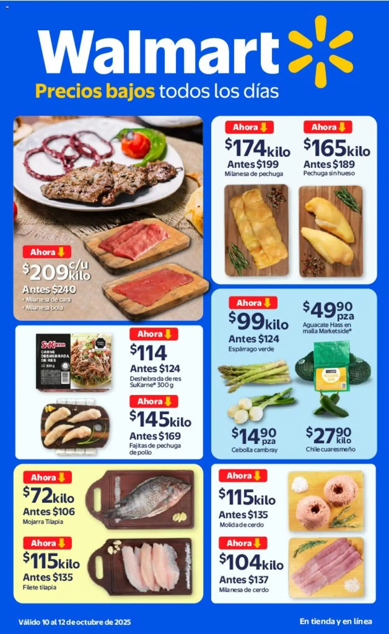 Folleto Precios Bajos Walmart y sus promociones válidas desde el 10/10/2025 - Número de página 1 - Pollo, Chile, Cebolla, Cerdo, Milanesa, Res, Filete, Malla