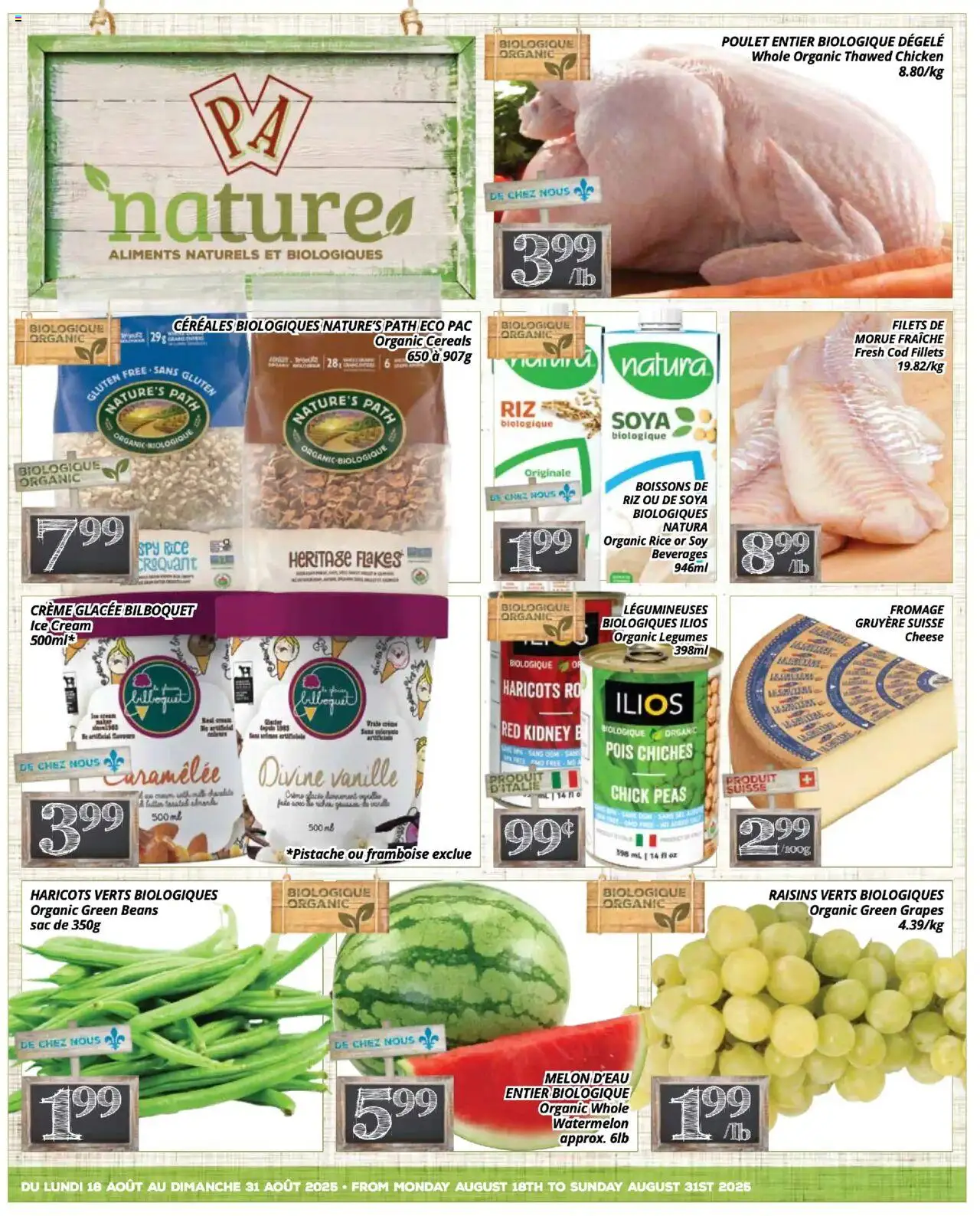 Pa Supermarché flyer valid from Aug 18, 2025 - page number 1 - Ice cream, Chicken, Cheese, Ice, Cereals, Legumes, Beans, Grapes